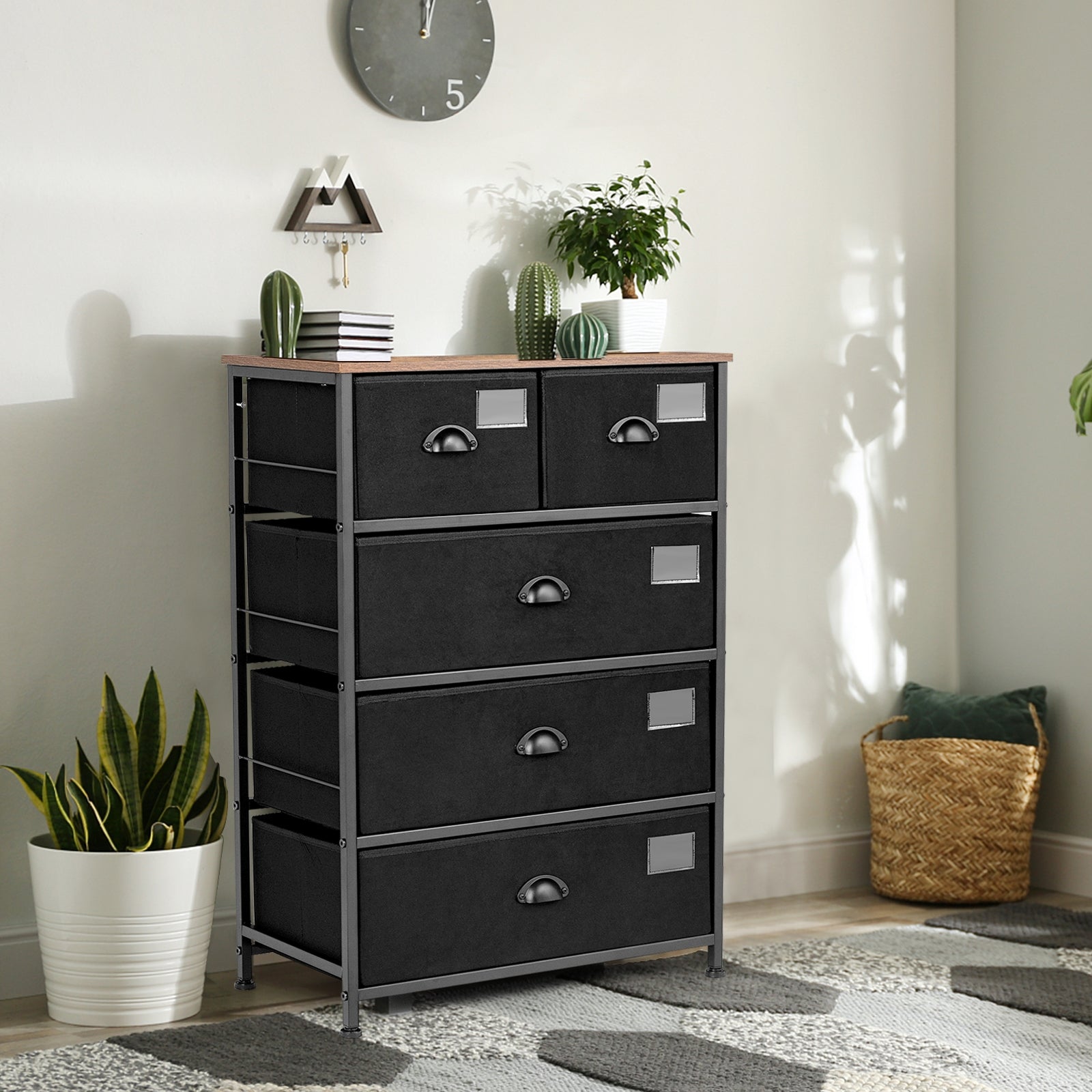 5-Drawer Storage Dresser with Labels and Removable Fabric Bins-Black 