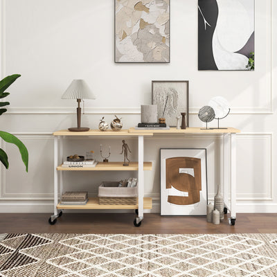 360Â° Rotating Sofa Side Table with Storage Shelves and Wheels-NaturalÂ 