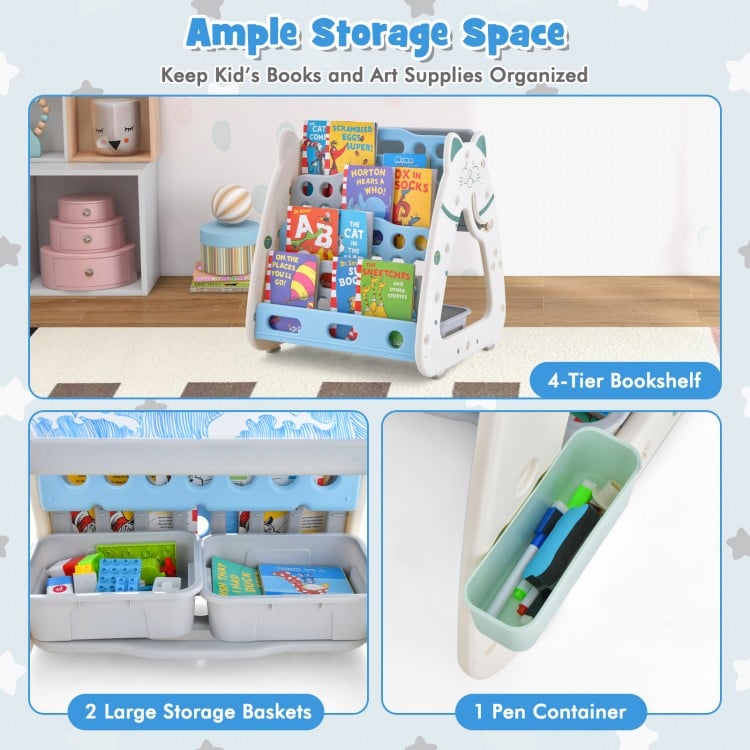 3-In-1 Double Sided Magnetic Dry-Erase Board with Stool and Flipped Writing Desktop-Navy