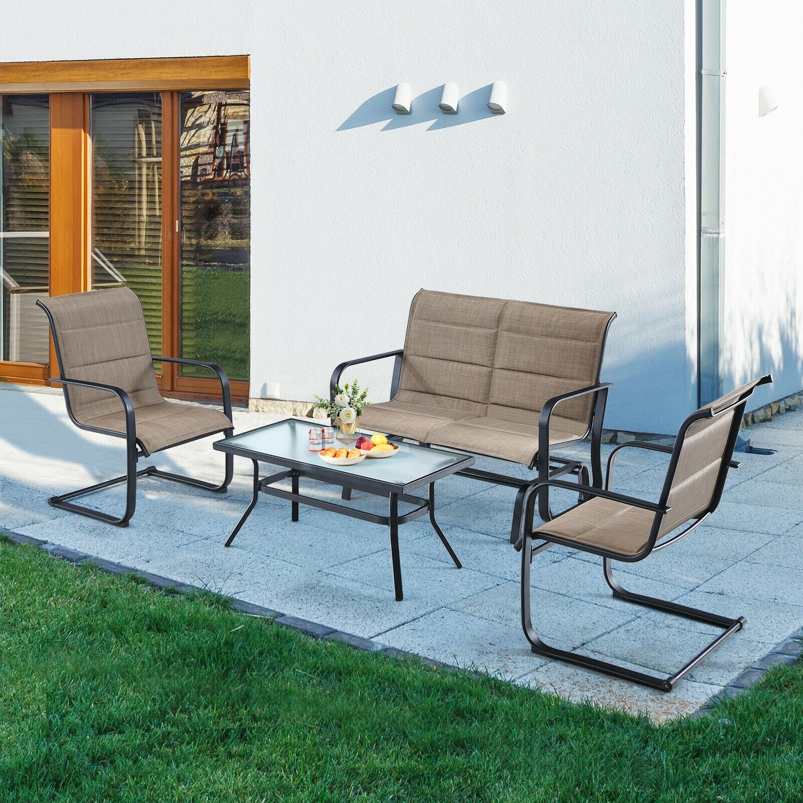 4 Pieces Outdoor Patio Furniture Set with Padded Glider Loveseat and Coffee Table-Brown 