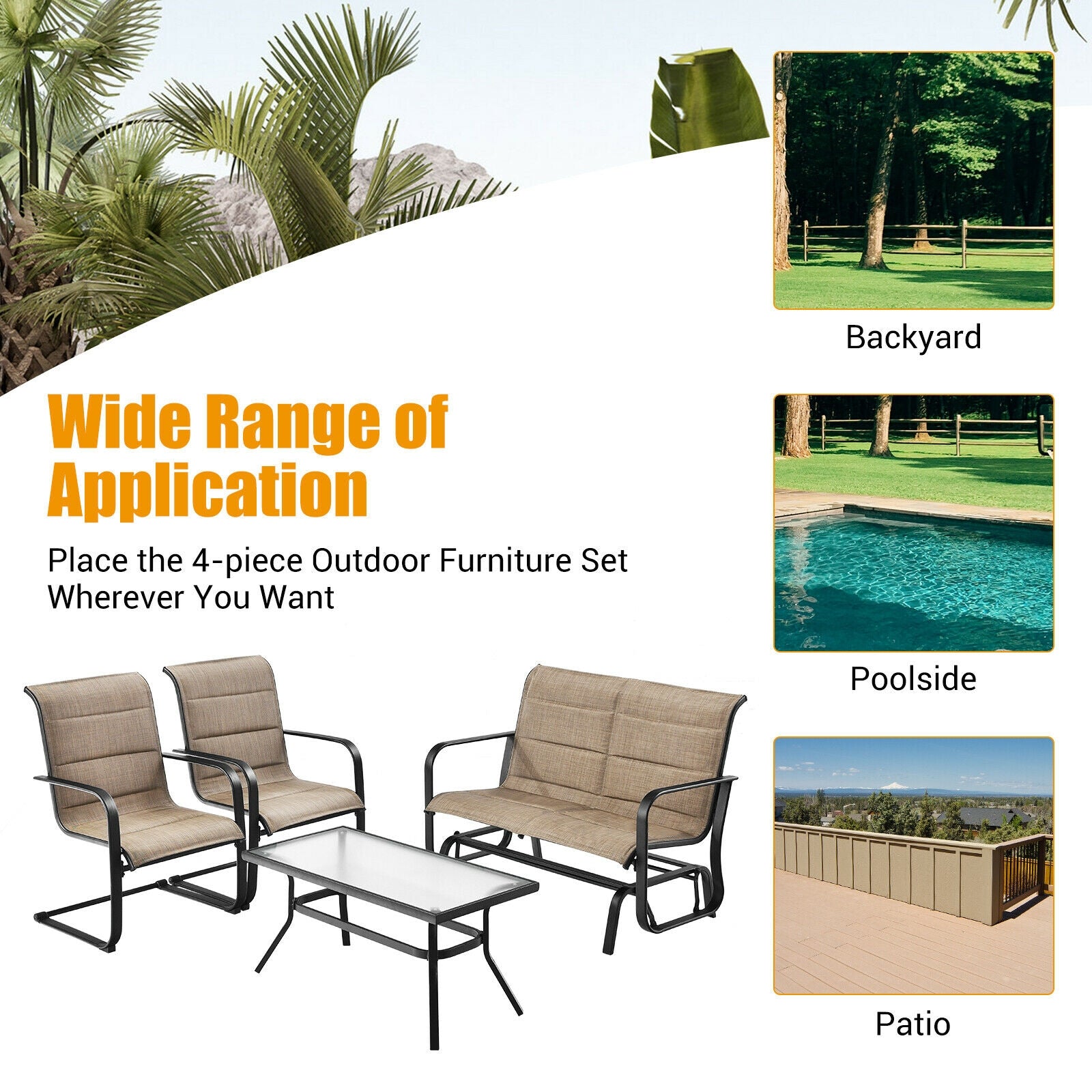 4 Pieces Outdoor Patio Furniture Set with Padded Glider Loveseat and Coffee Table-Brown 