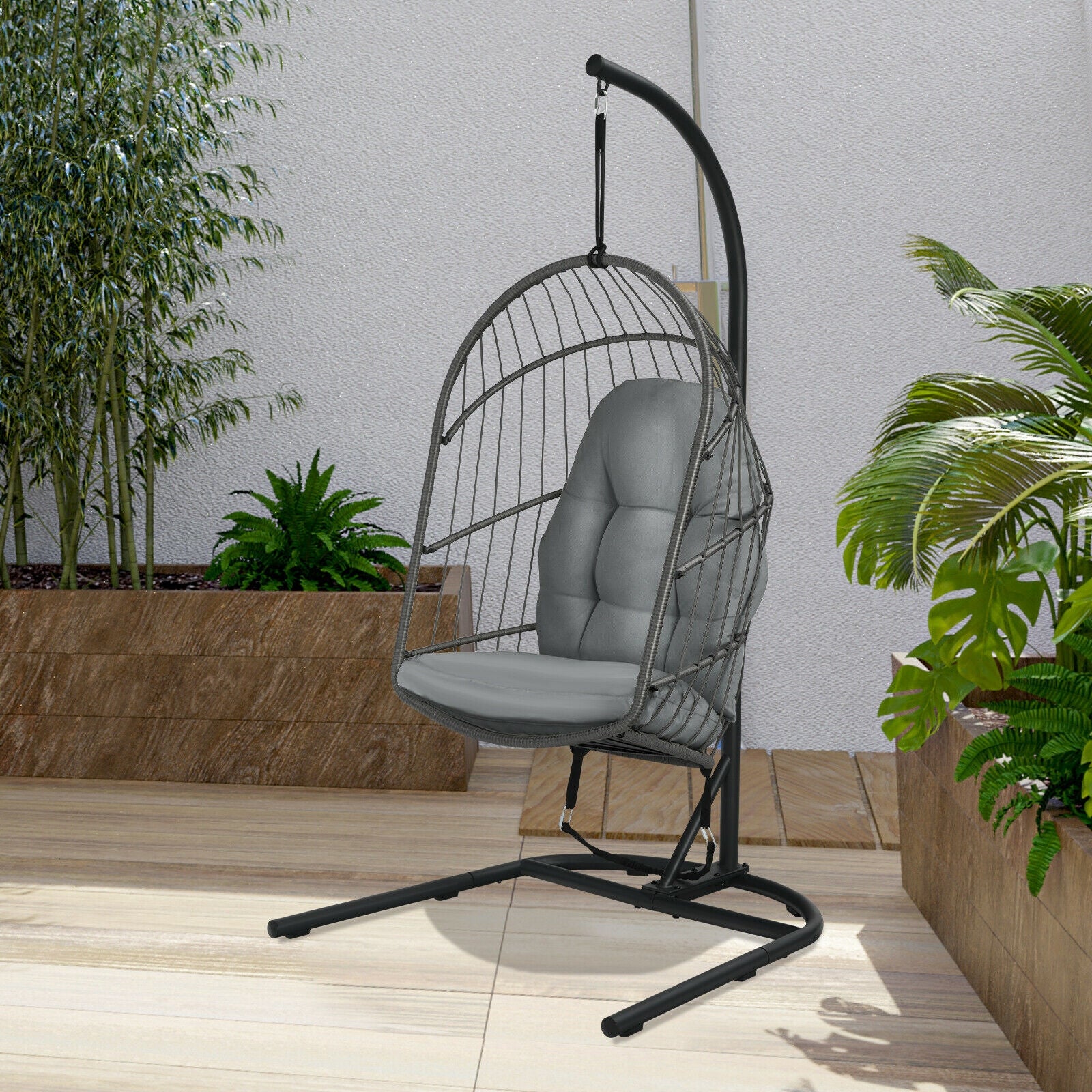 Hanging Wicker Egg Chair with Stand -Gray