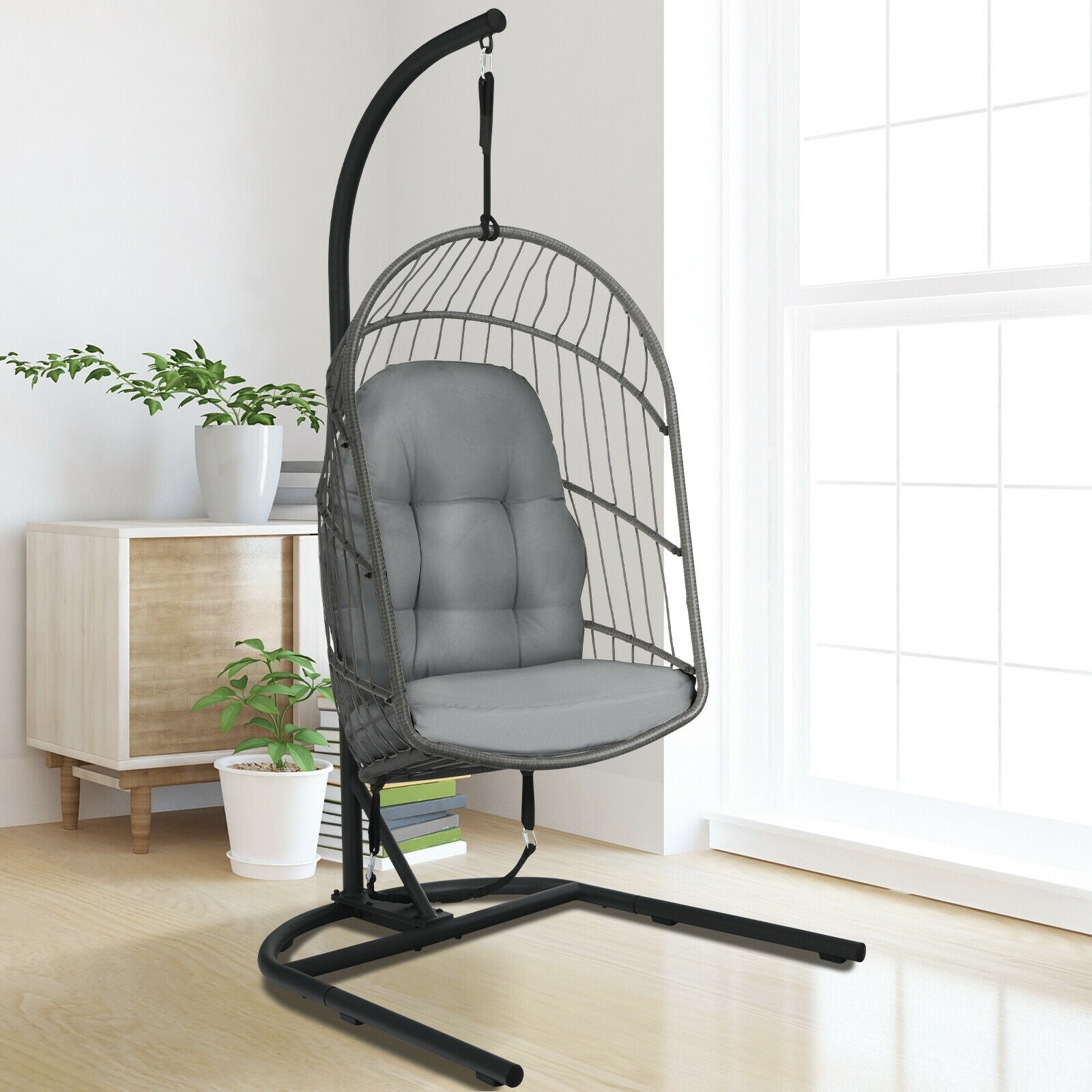 Hanging Wicker Egg Chair with Stand -Gray 