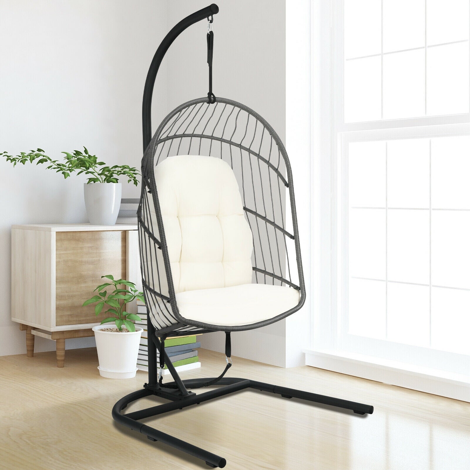 Hanging Wicker Egg Chair with Stand -Beige 