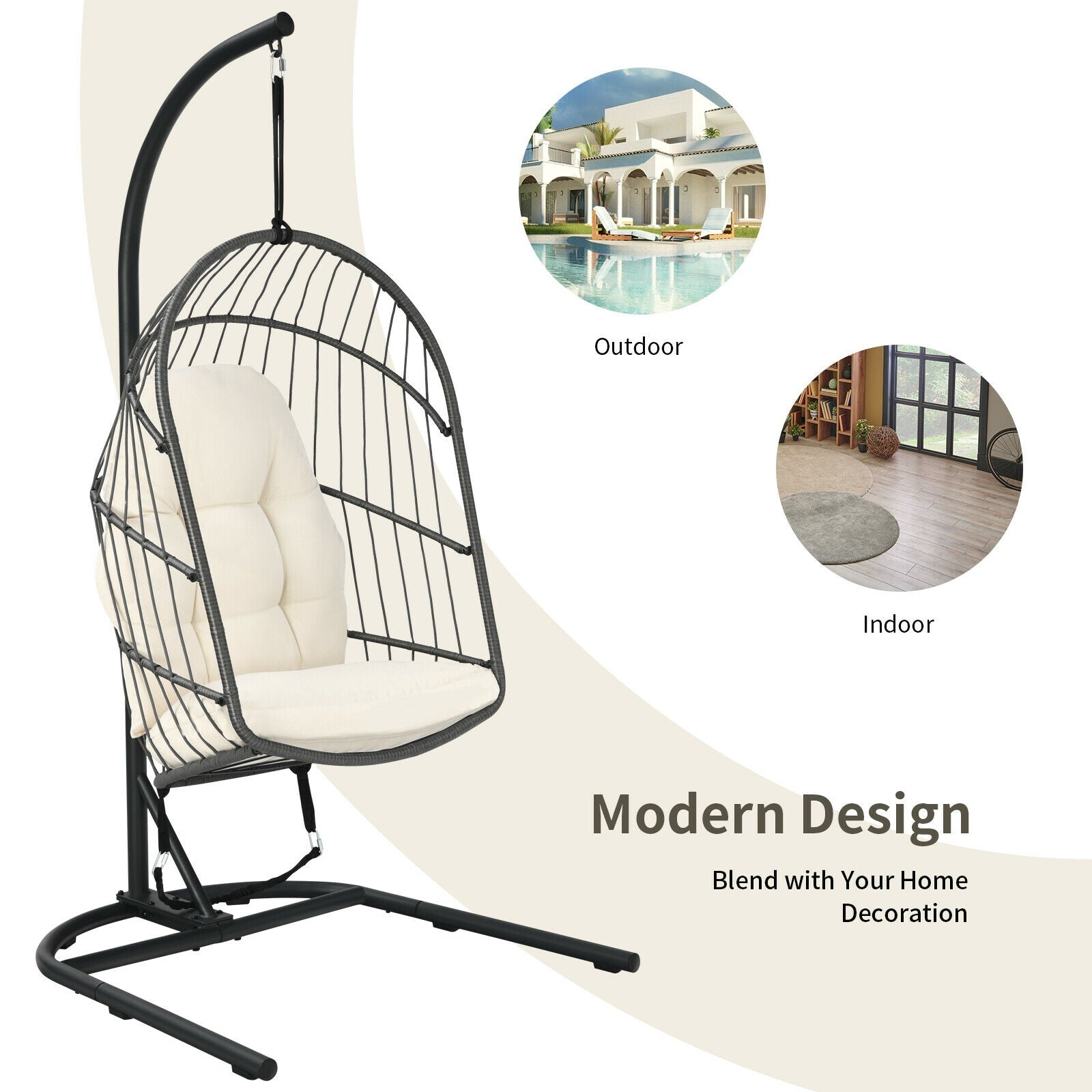 Hanging Wicker Egg Chair with Stand -Beige 