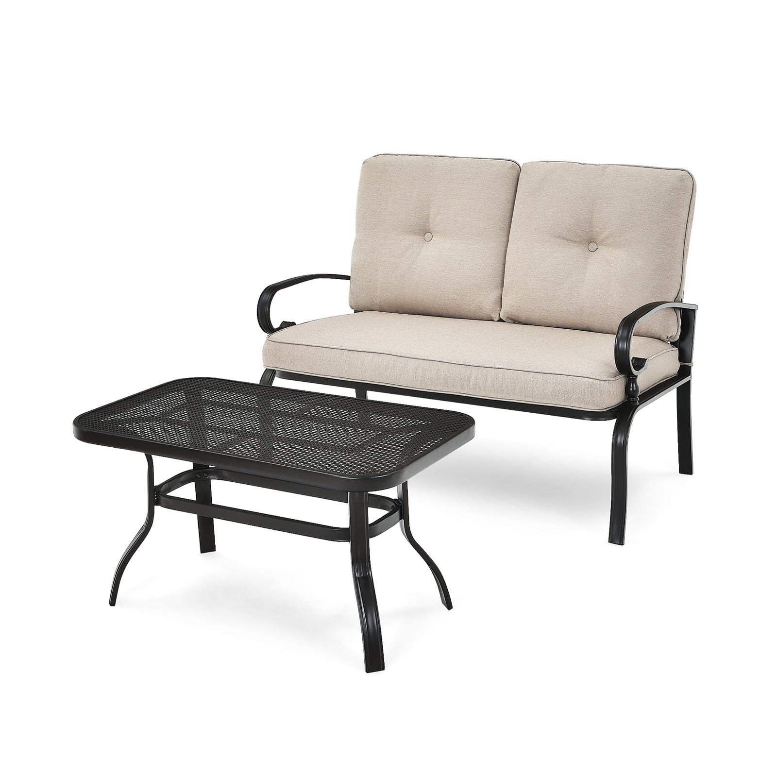 2 Pieces Patio Loveseat Bench Table Furniture Set with Cushioned Chair-Beige 