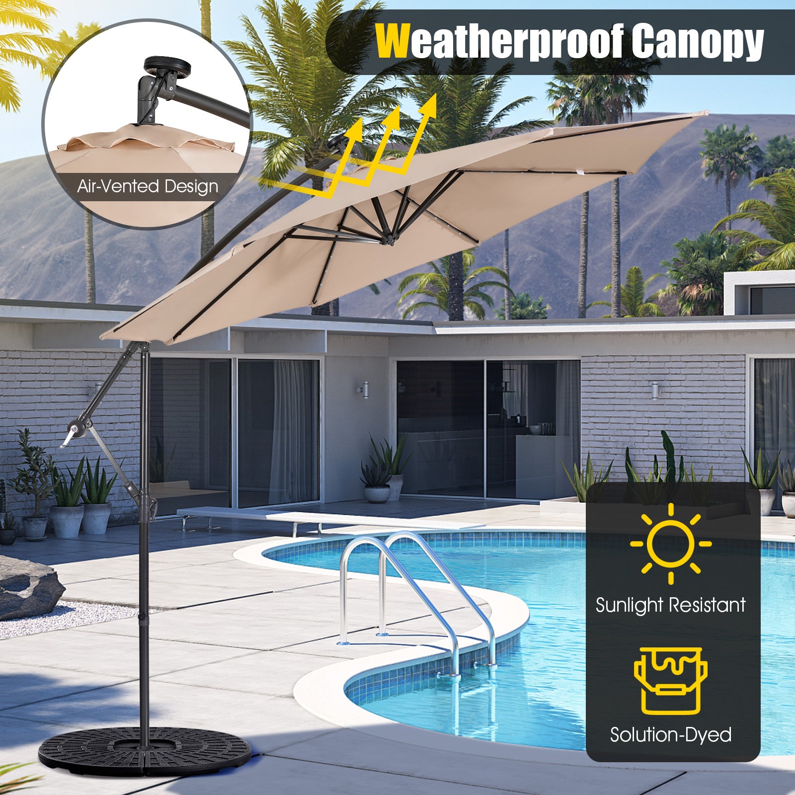 10 Feet Patio Solar Powered Cantilever Umbrella with Tilting System-Beige 