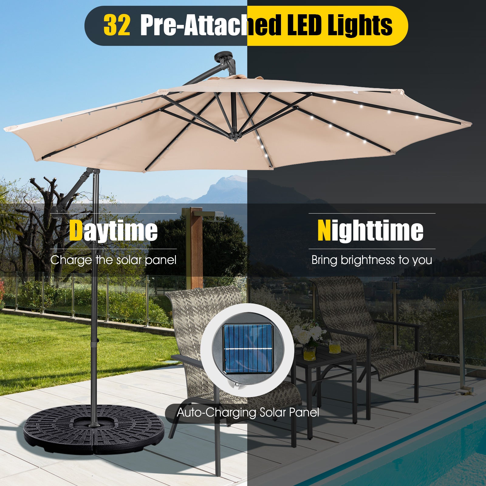 10 Feet Patio Solar Powered Cantilever Umbrella with Tilting System-Beige 