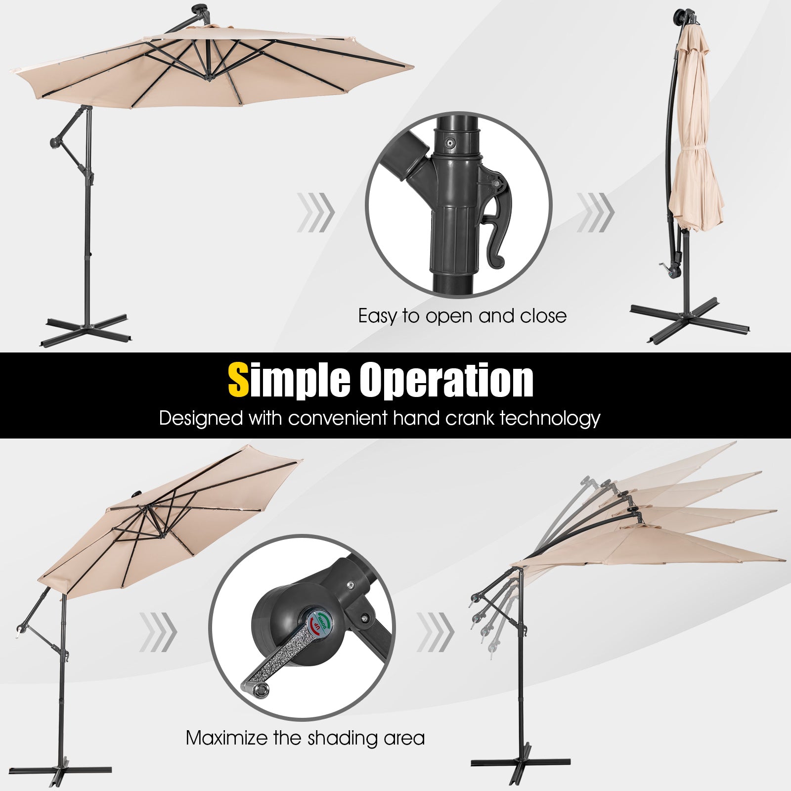 10 Feet Patio Solar Powered Cantilever Umbrella with Tilting System-Beige 