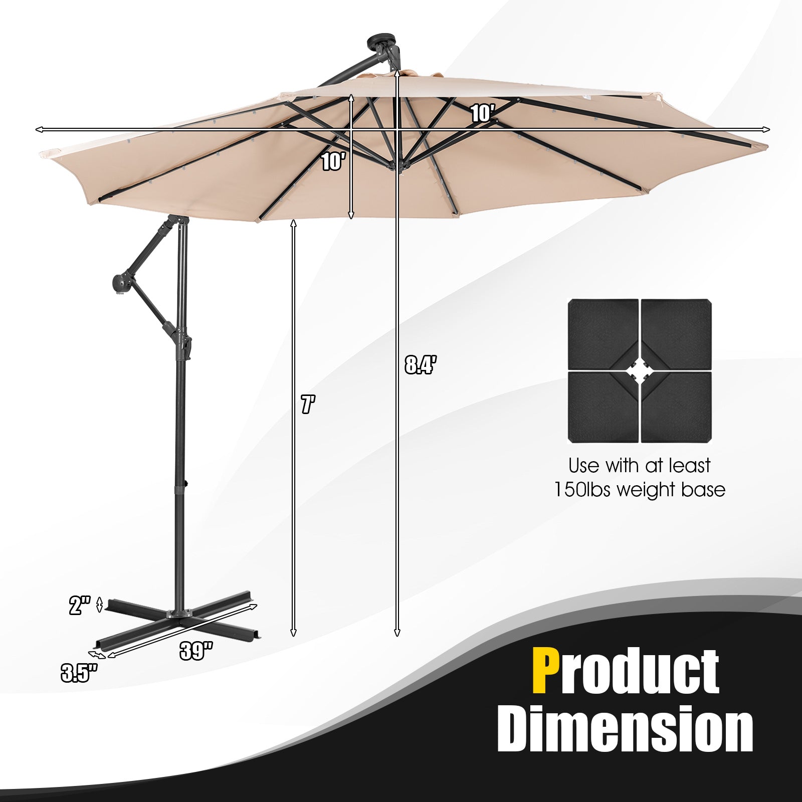 10 Feet Patio Solar Powered Cantilever Umbrella with Tilting System-Beige 