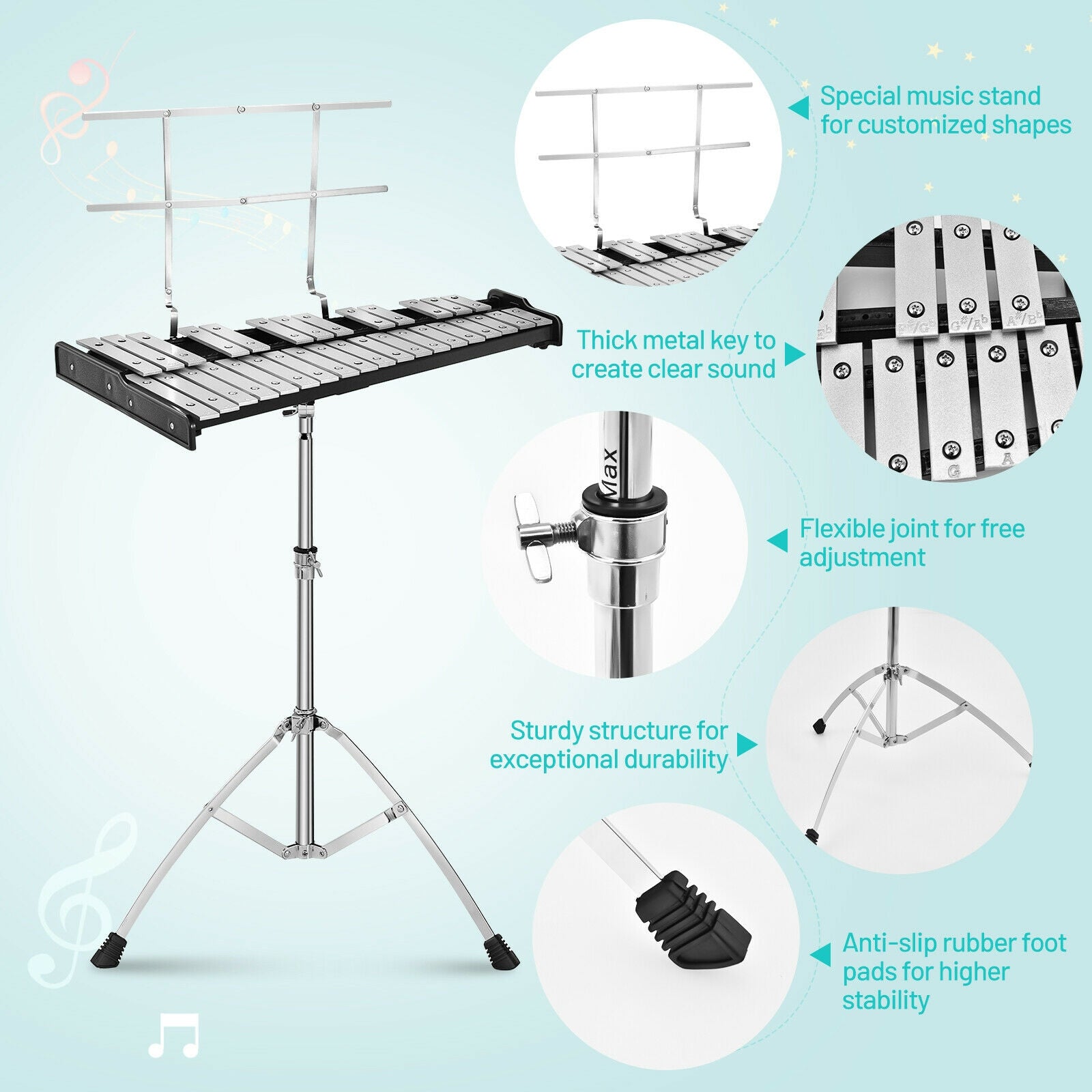 32 Note Glockenspiel Xylophone Percussion Bell Kit with Adjustable Stand