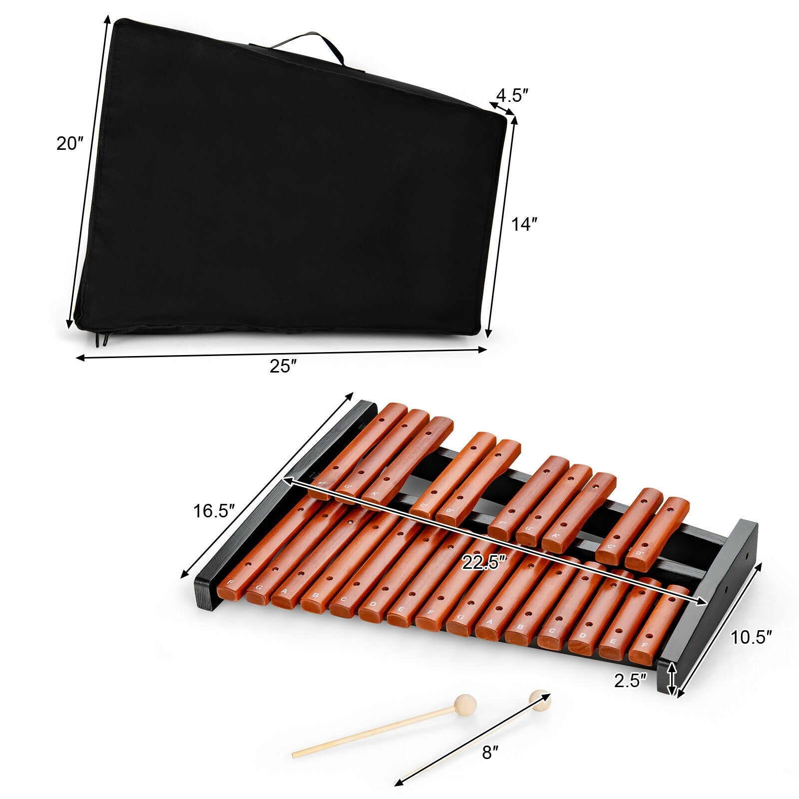 25 Notes Xylophone Wooden Percussion Educational Instrument with 2 Mallets