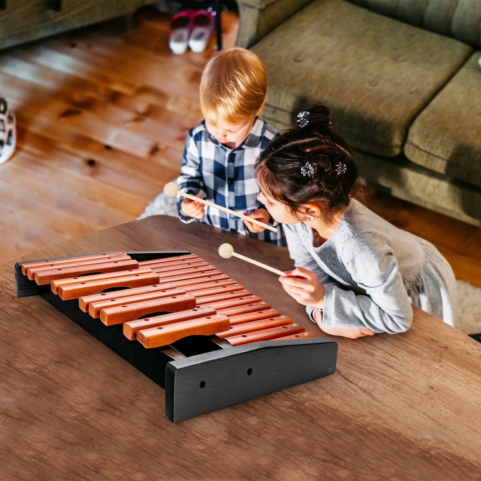 25 Notes Xylophone Wooden Percussion Educational Instrument with 2 Mallets 