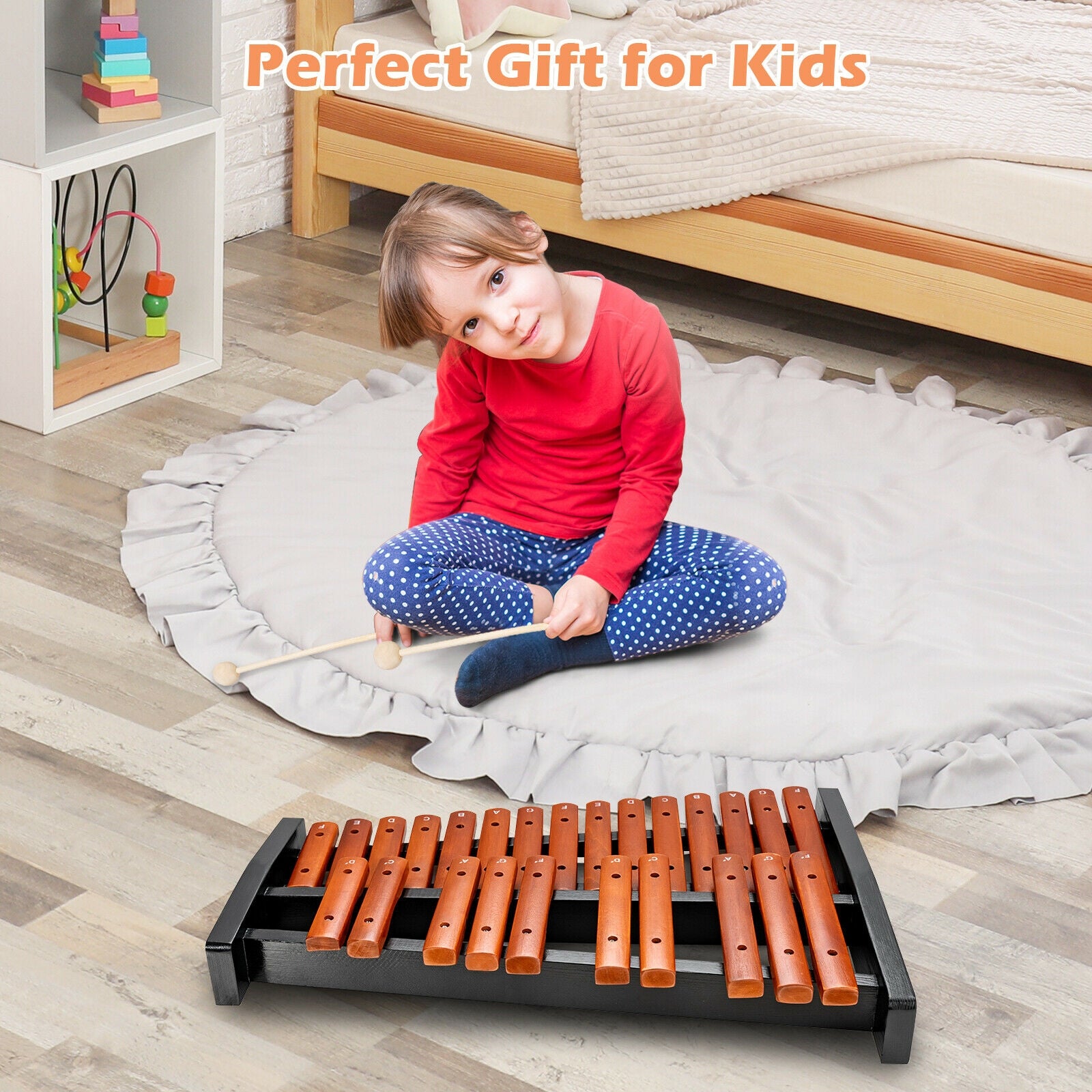 25 Notes Xylophone Wooden Percussion Educational Instrument with 2 Mallets 