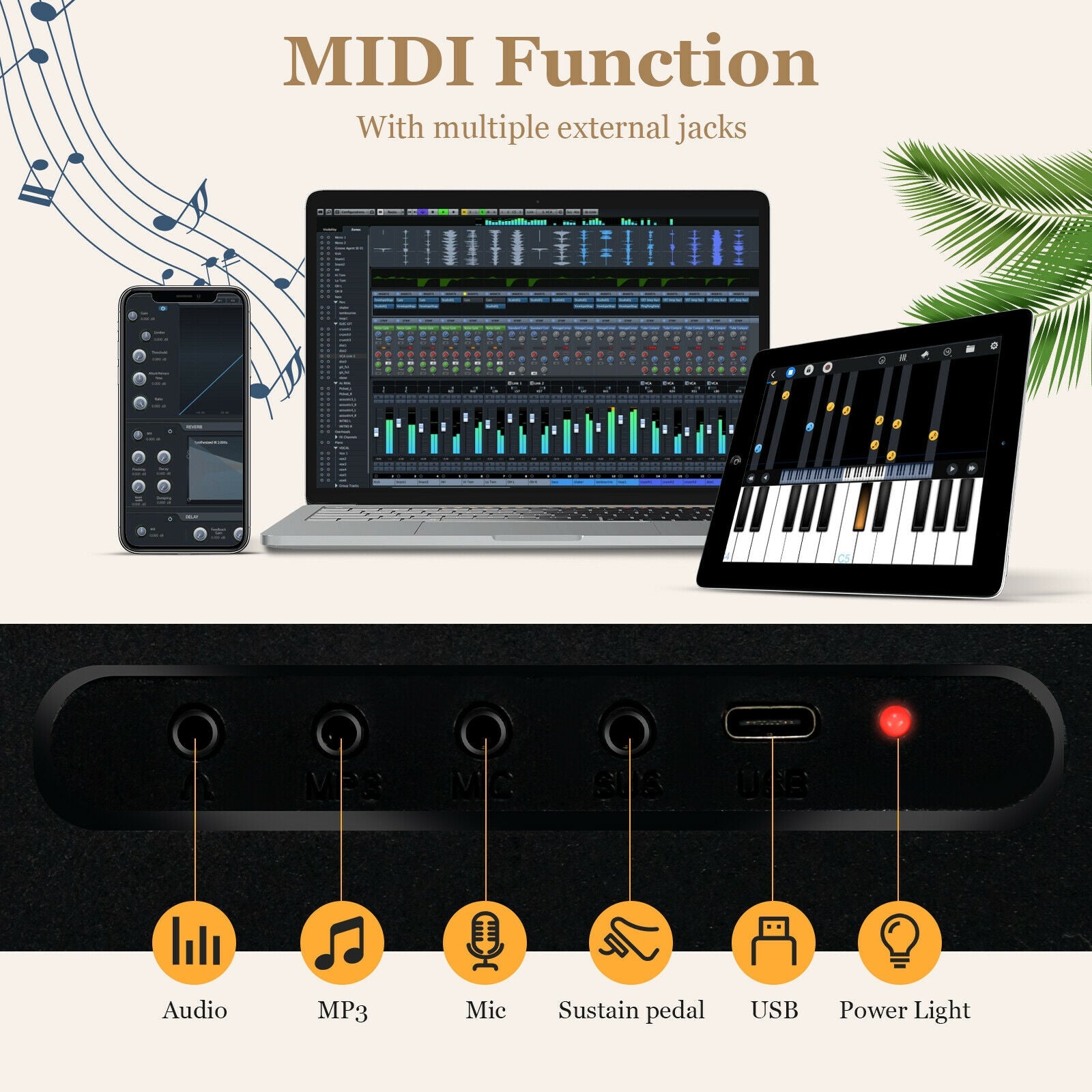 88-Key Foldable Digital Piano with MIDI and Wireless BT-Black