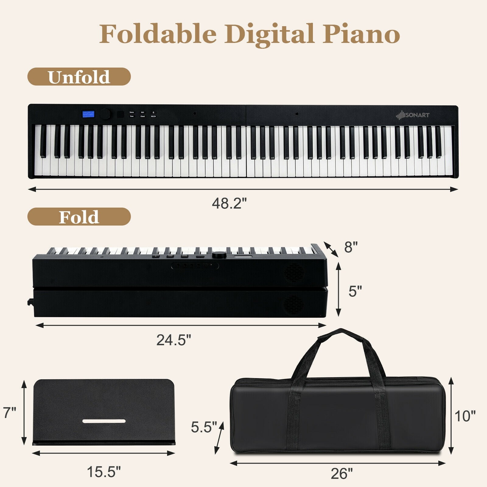 88-Key Foldable Digital Piano with MIDI and Wireless BT-Black