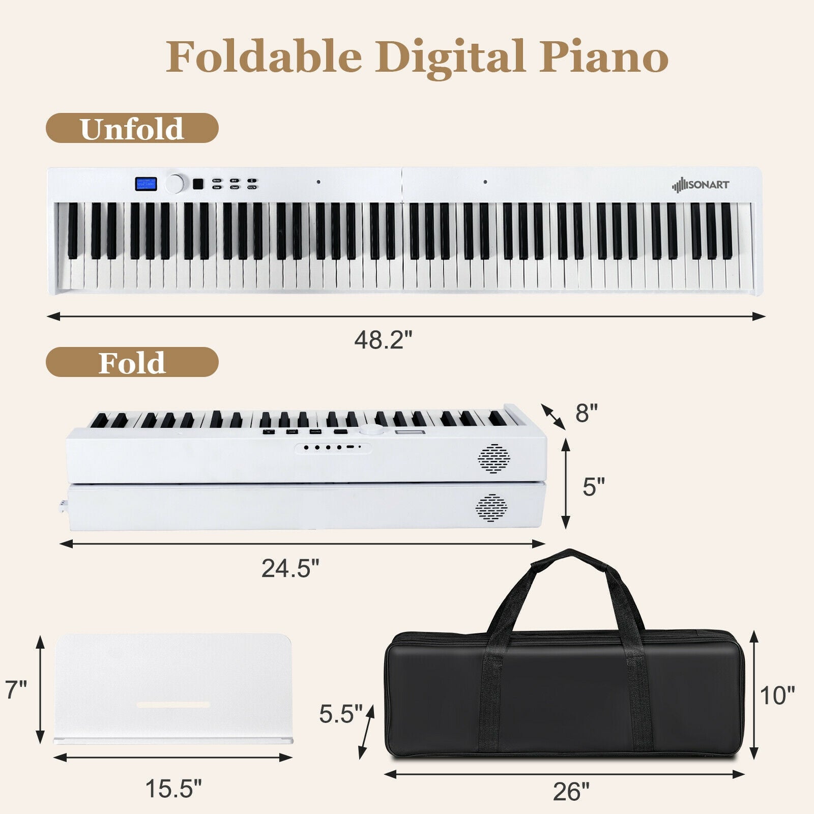 88-Key Foldable Digital Piano with MIDI and Wireless BT-White