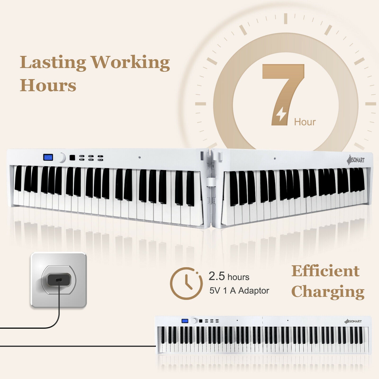 88-Key Foldable Digital Piano with MIDI and Wireless BT-White