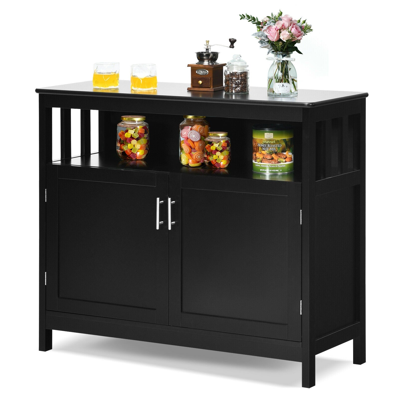 Kitchen Buffet Server Sideboard Storage Cabinet with 2 Doors and Shelf-Black