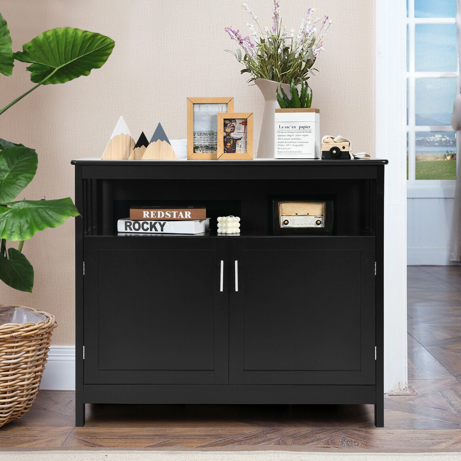 Kitchen Buffet Server Sideboard Storage Cabinet with 2 Doors and Shelf-Black