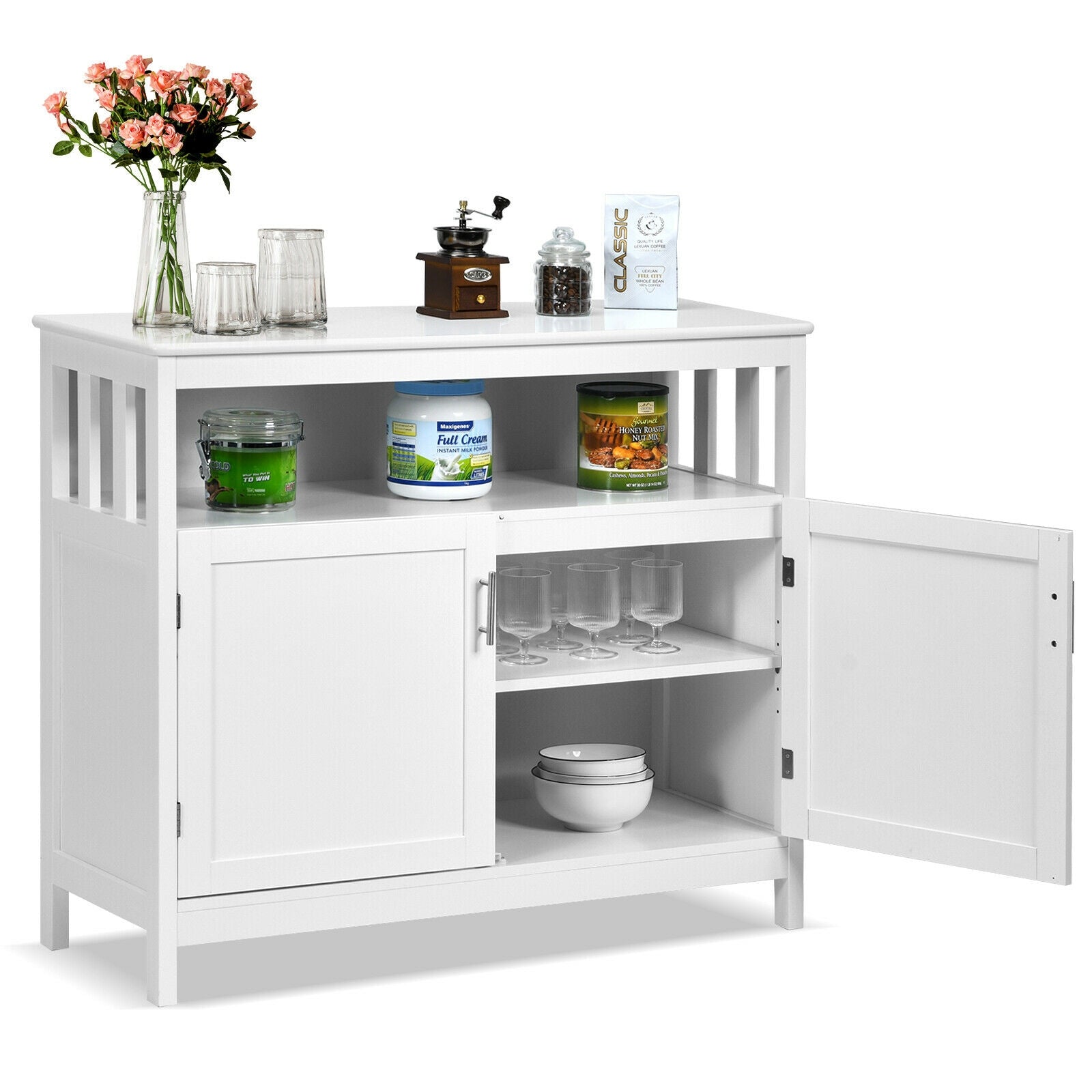 Kitchen Buffet Server Sideboard Storage Cabinet with 2 Doors and Shelf-White