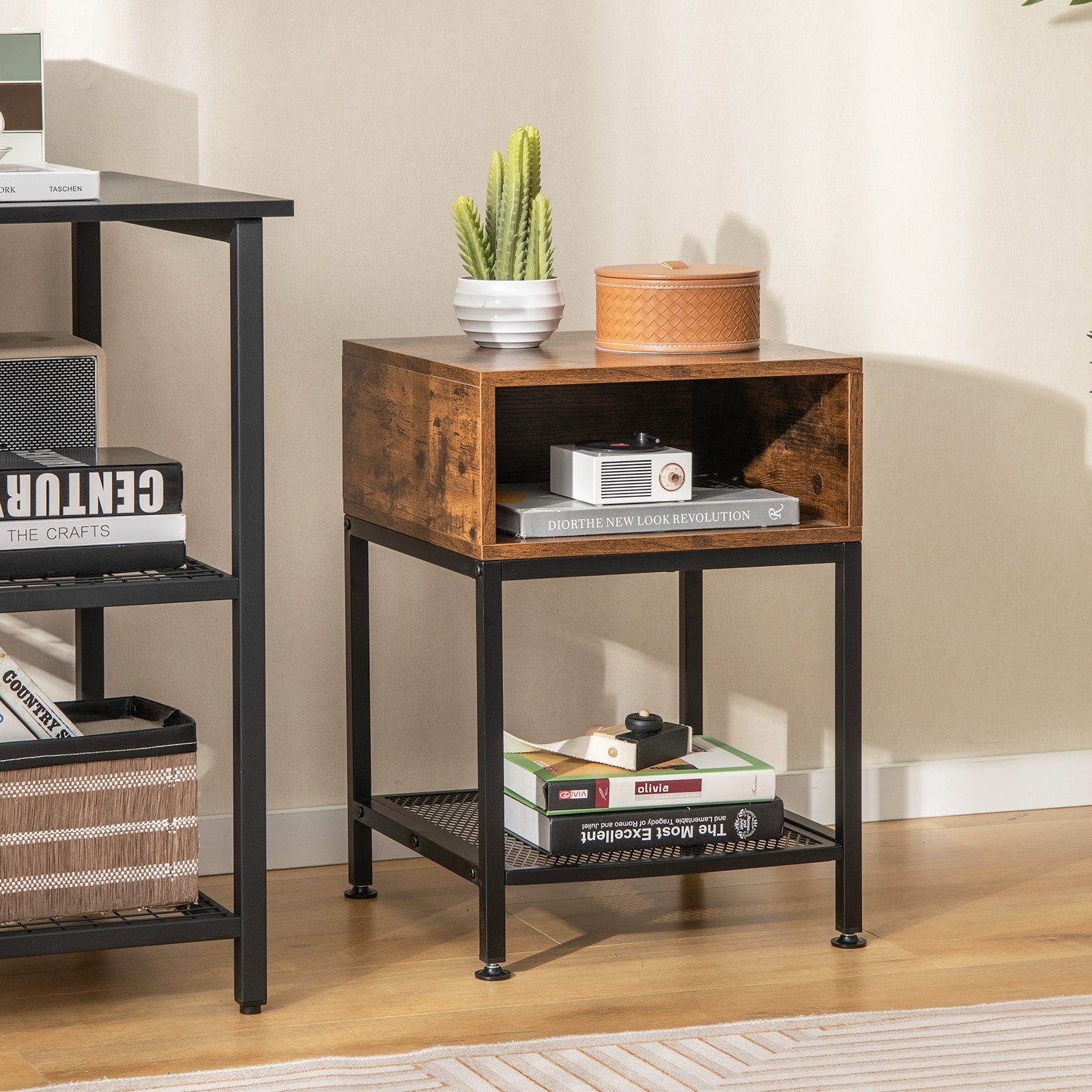 Industrial Nightstand End Side Table with Mesh Shelf 