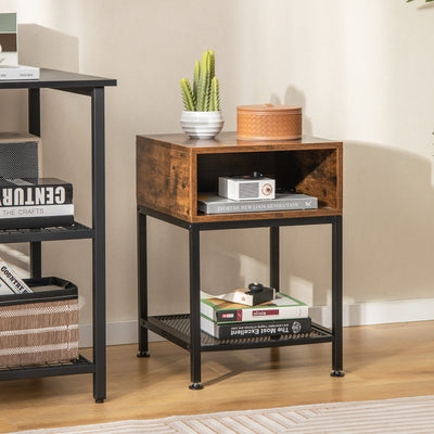Industrial Nightstand End Side Table with Mesh Shelf 