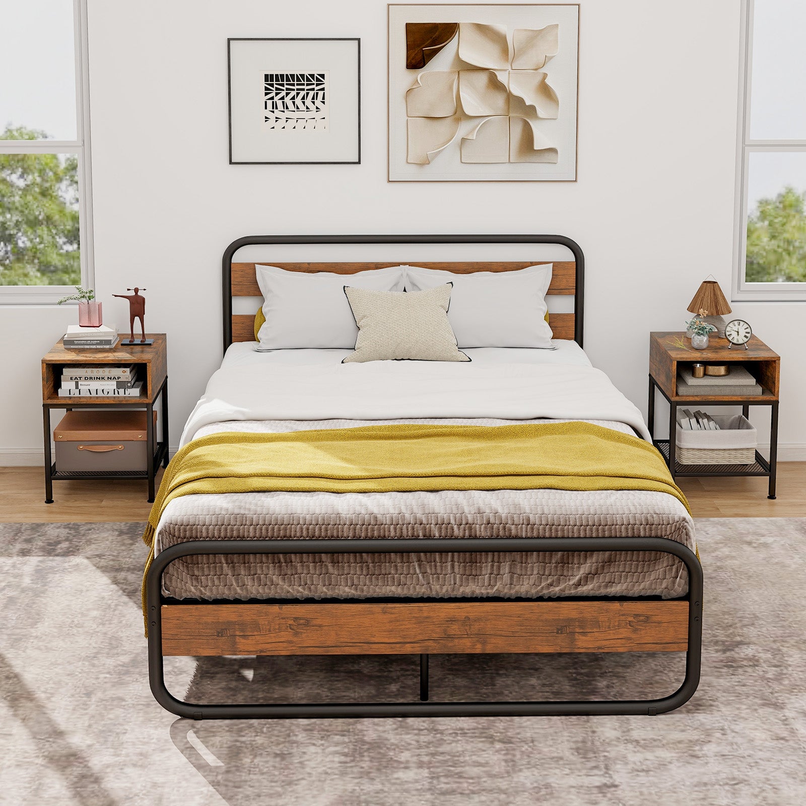 Industrial Nightstand End Side Table with Mesh Shelf 