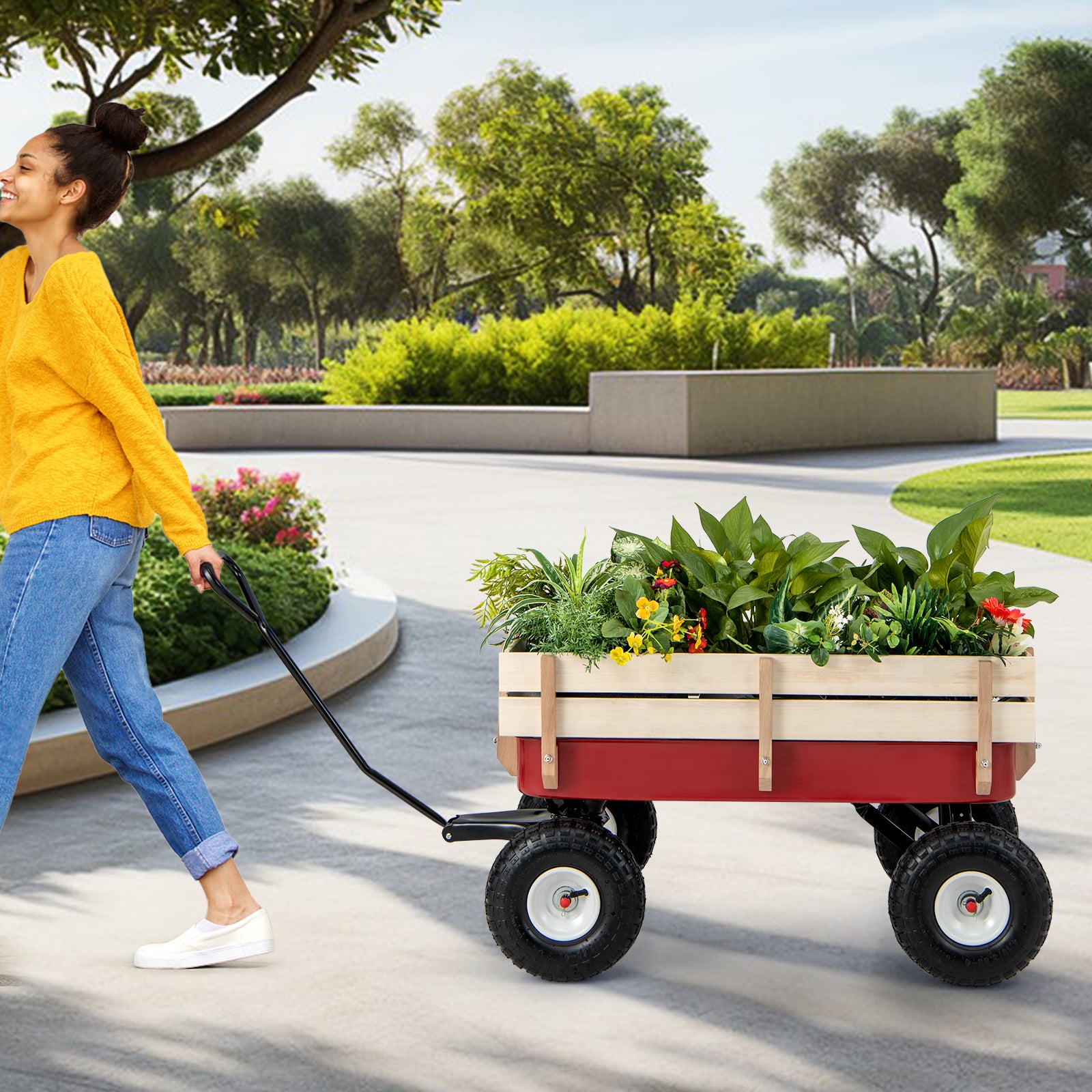 Garden Cart with Wood Railing and Pneumatic Wheels