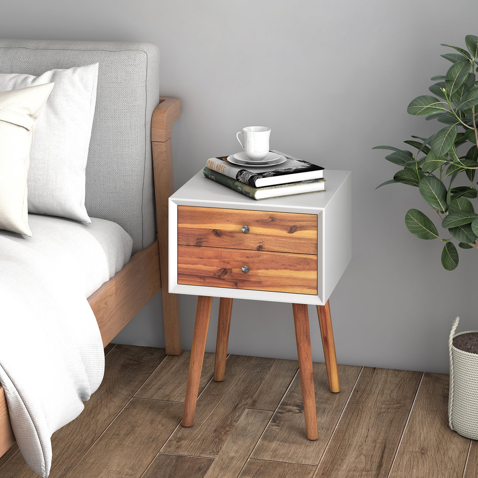 Wooden Nightstand Mid-Century End Side Table with 2 Storage Drawers-BrownÂ 