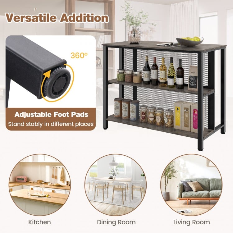 36 Inch 3-Tier Bar Table with Storage Metal Frame Adjustable Foot Pads for Dining Room-Gray