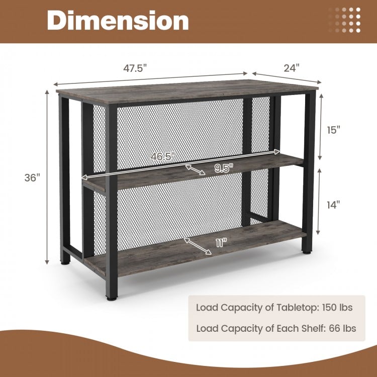 36 Inch 3-Tier Bar Table with Storage Metal Frame Adjustable Foot Pads for Dining Room-Gray