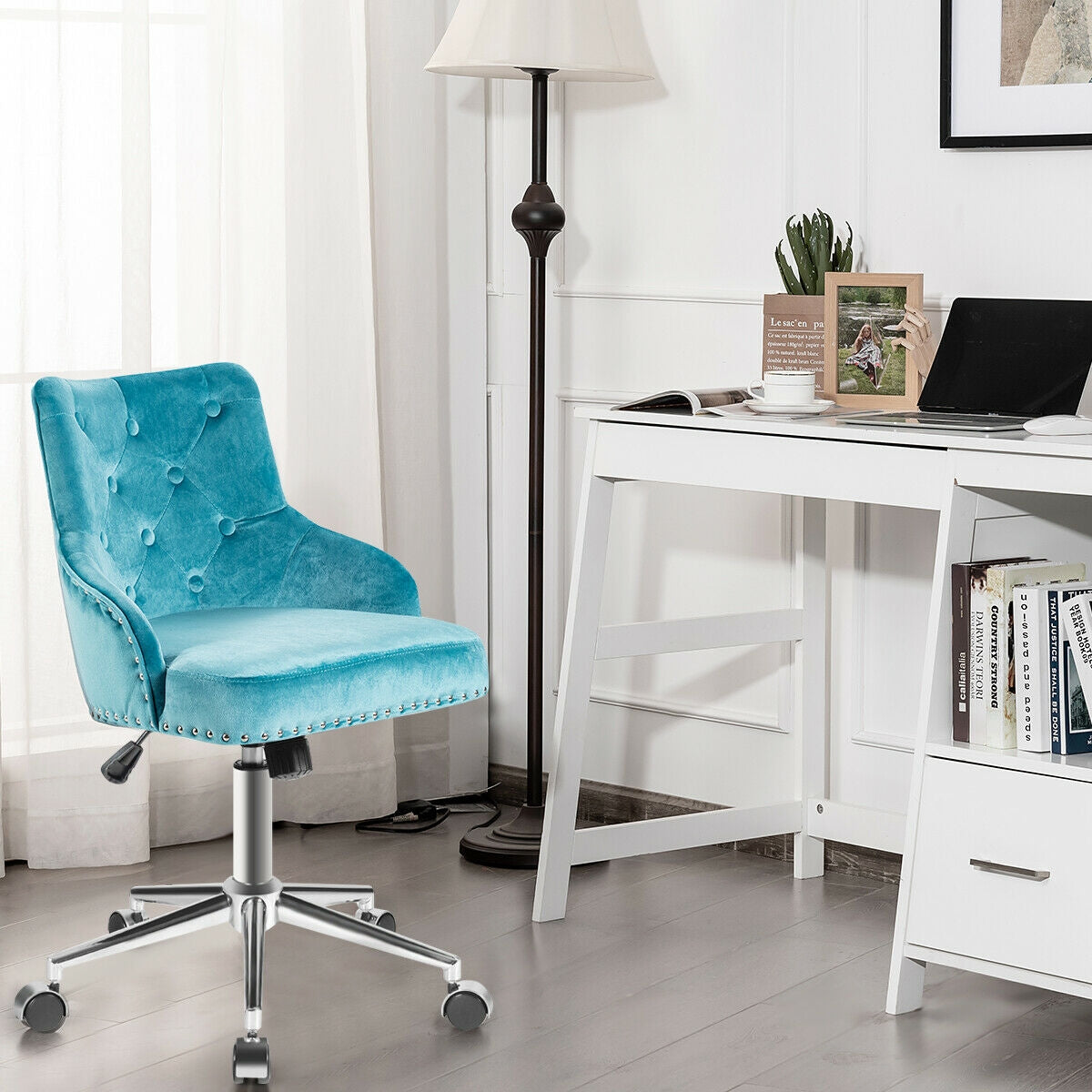 Tufted Upholstered Swivel Computer Desk Chair with Nailed Tri-Turquoise