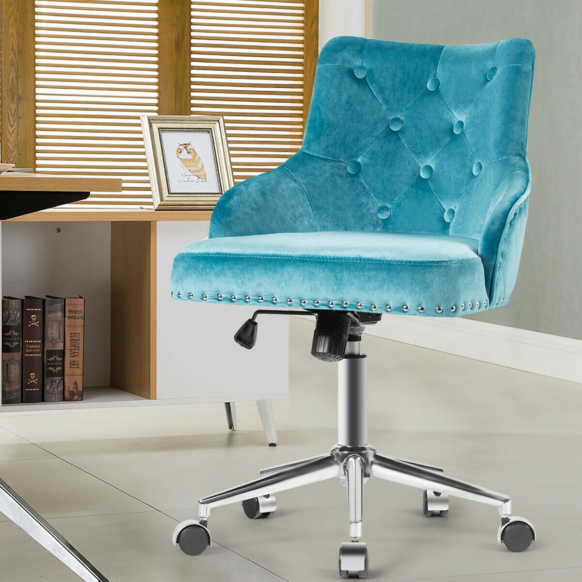 Tufted Upholstered Swivel Computer Desk Chair with Nailed Tri-Turquoise