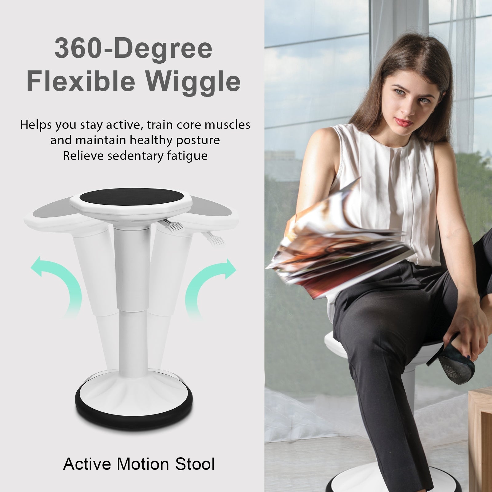 Adjustable Active Learning Stool Sitting Home Office Wobble Chair with Cushion Seat-White