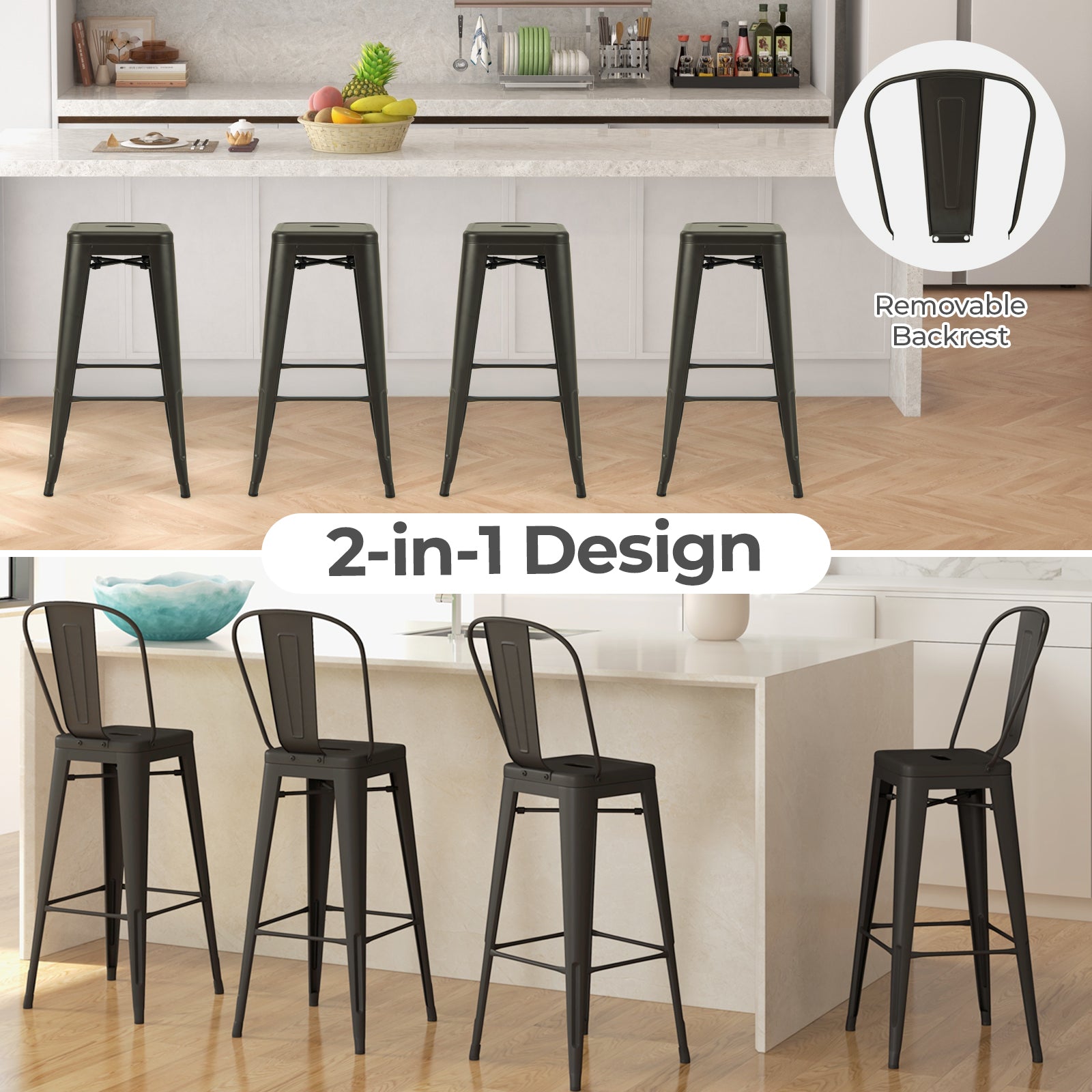 30 Inch Height Set of 4 High Back Metal Industrial Bar Stools-Gun