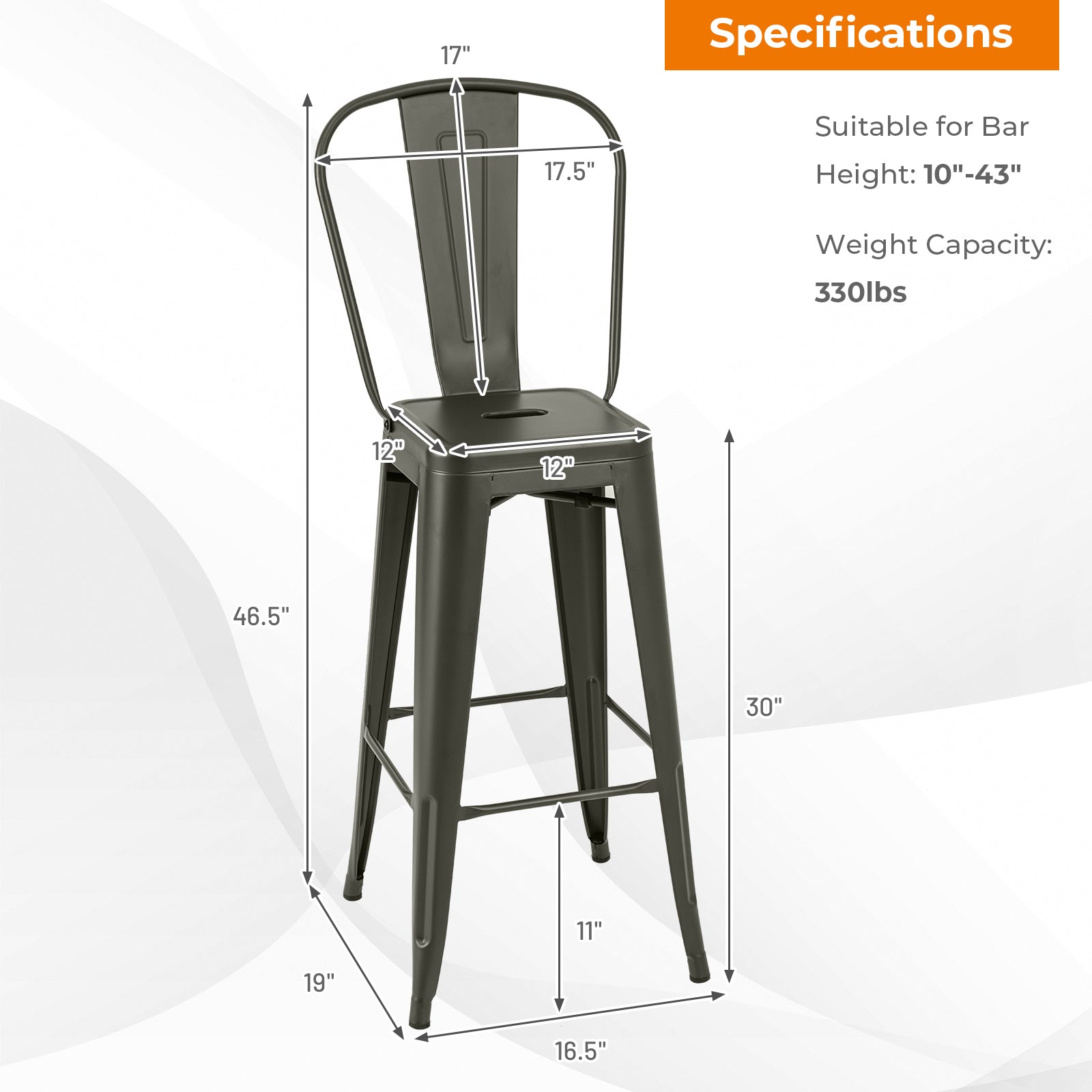 30 Inch Height Set of 4 High Back Metal Industrial Bar Stools-Gun