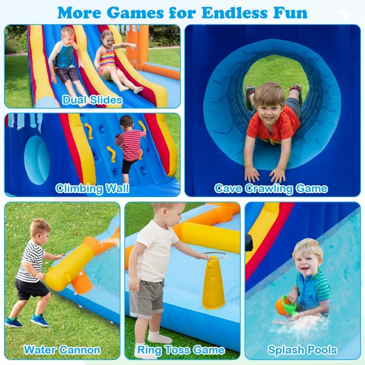 6-In-1 Inflatable Water Slide with Dual Slides and Cave Crawling Game without Blower