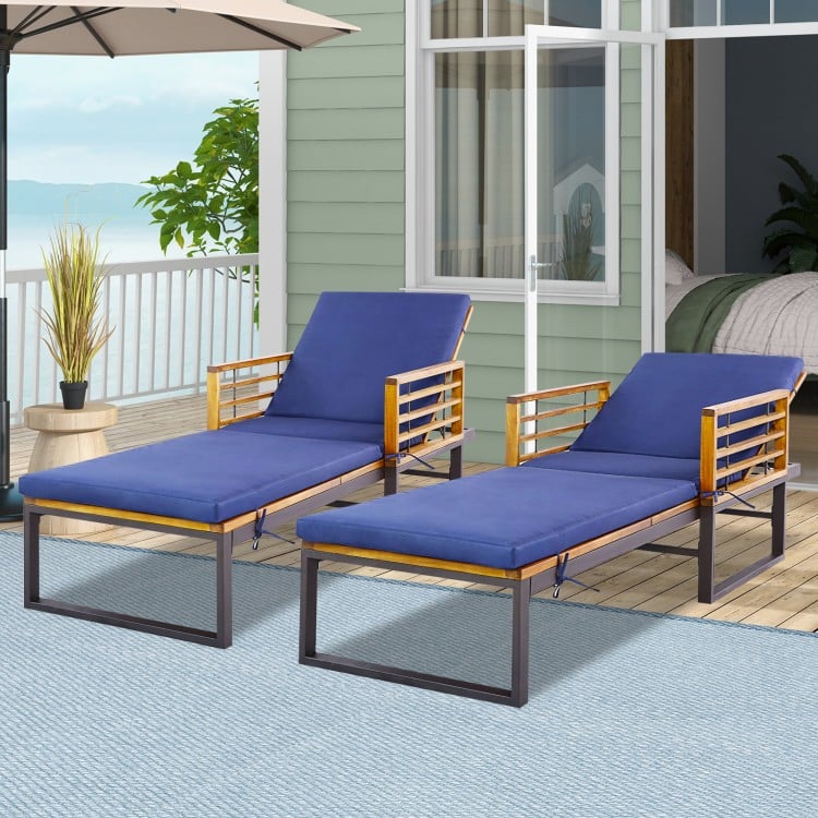 Adjustable Cushioned Patio Chaise Lounge Chair with 4-Level Backrest-Navy