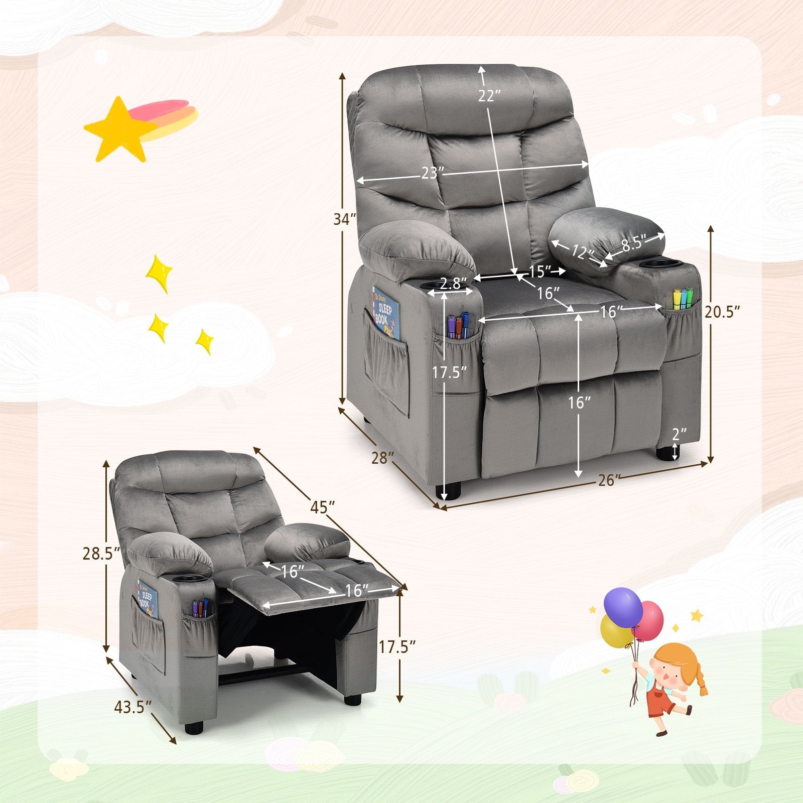 Kids Recliner Chair with Cup Holder and Footrest for Children-Light Gray 