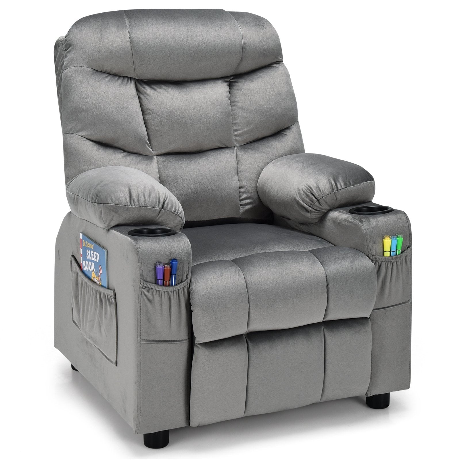 Kids Recliner Chair with Cup Holder and Footrest for Children-Light Gray 