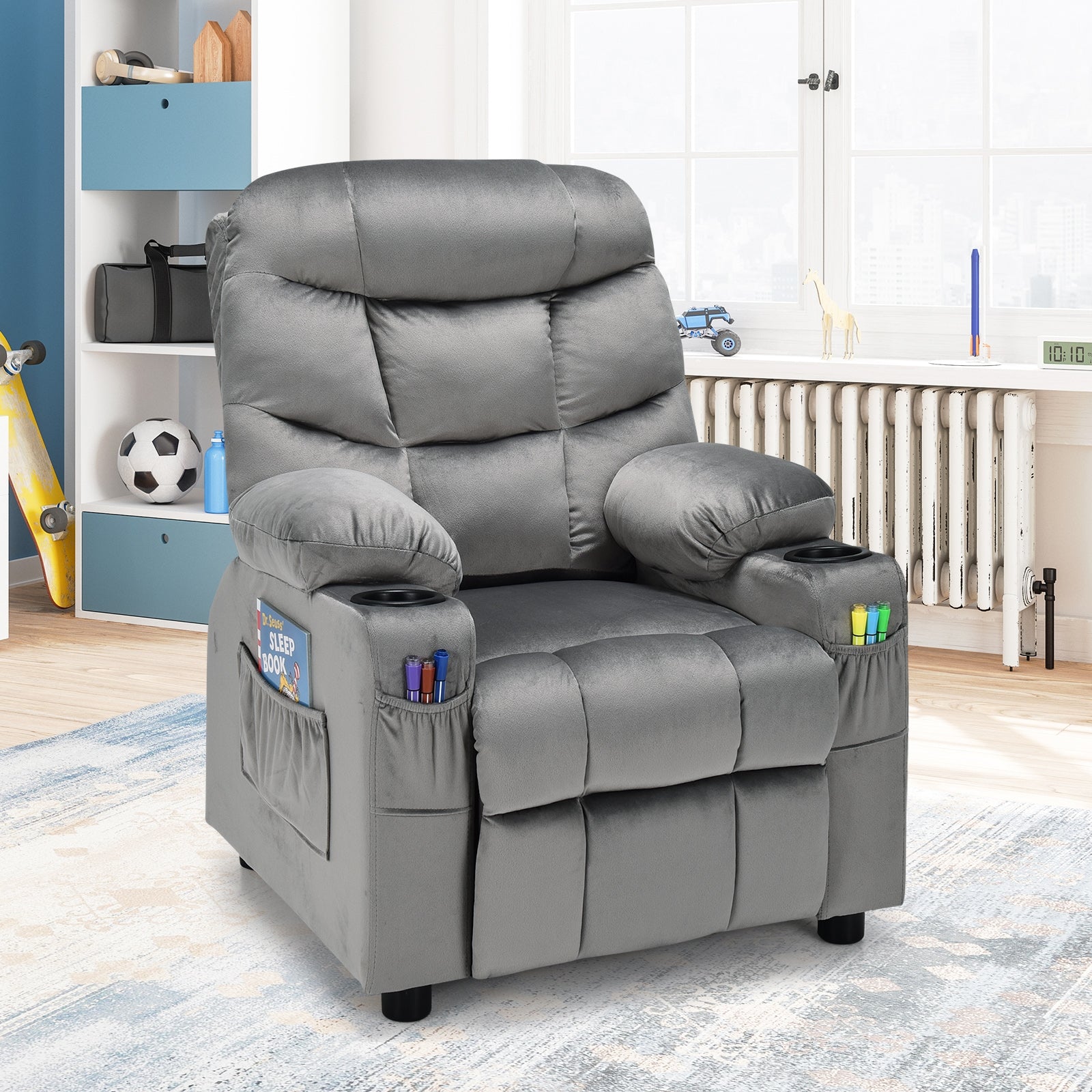 Kids Recliner Chair with Cup Holder and Footrest for Children-Light Gray