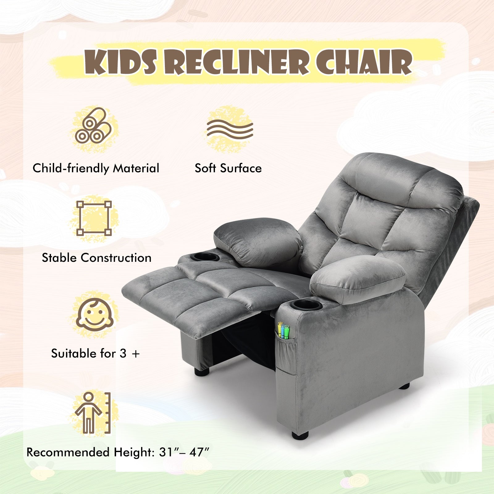 Kids Recliner Chair with Cup Holder and Footrest for Children-Light Gray 