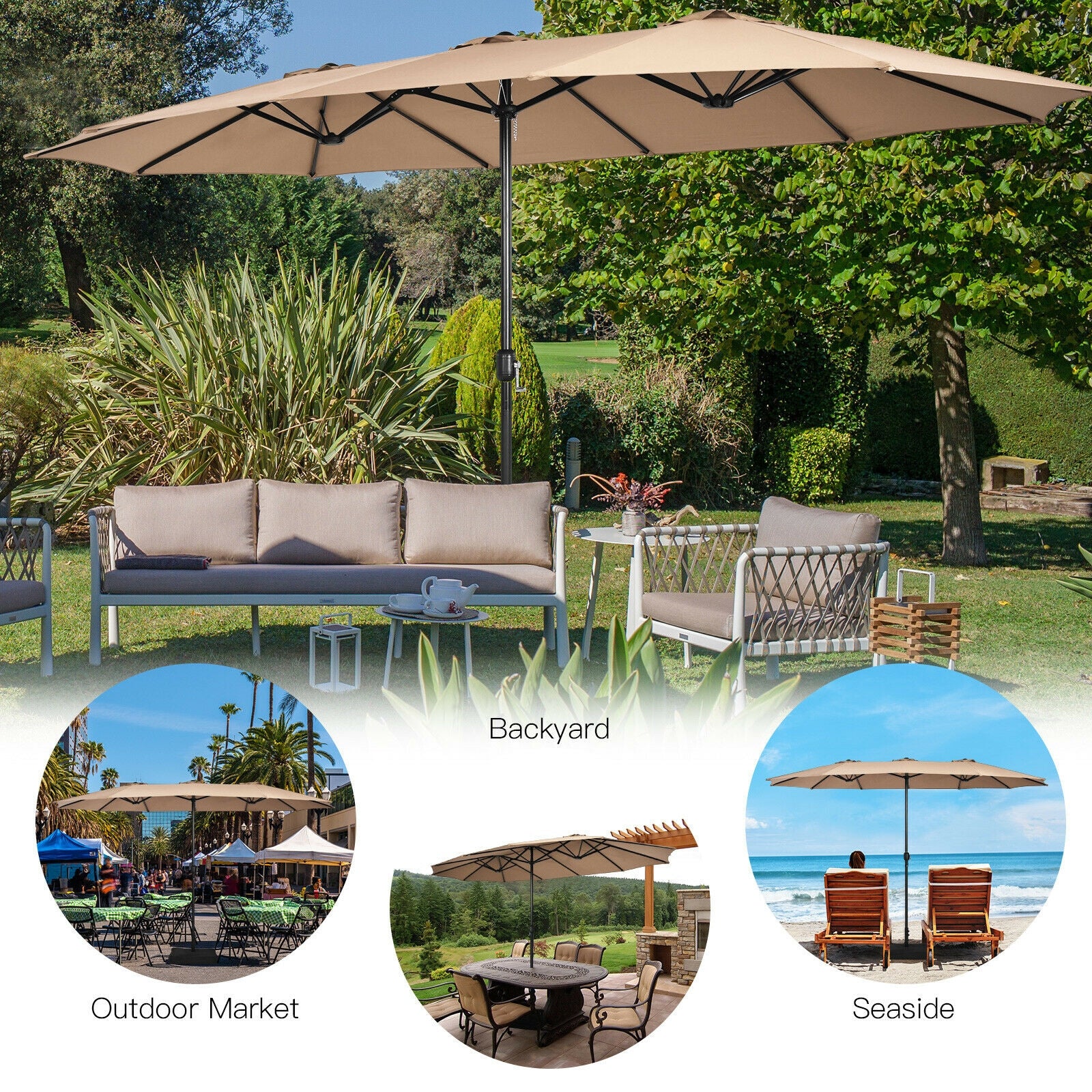 15 Feet Double-Sided Twin Patio Umbrella with Crank and Base Coffee in Outdoor Market-Coffee