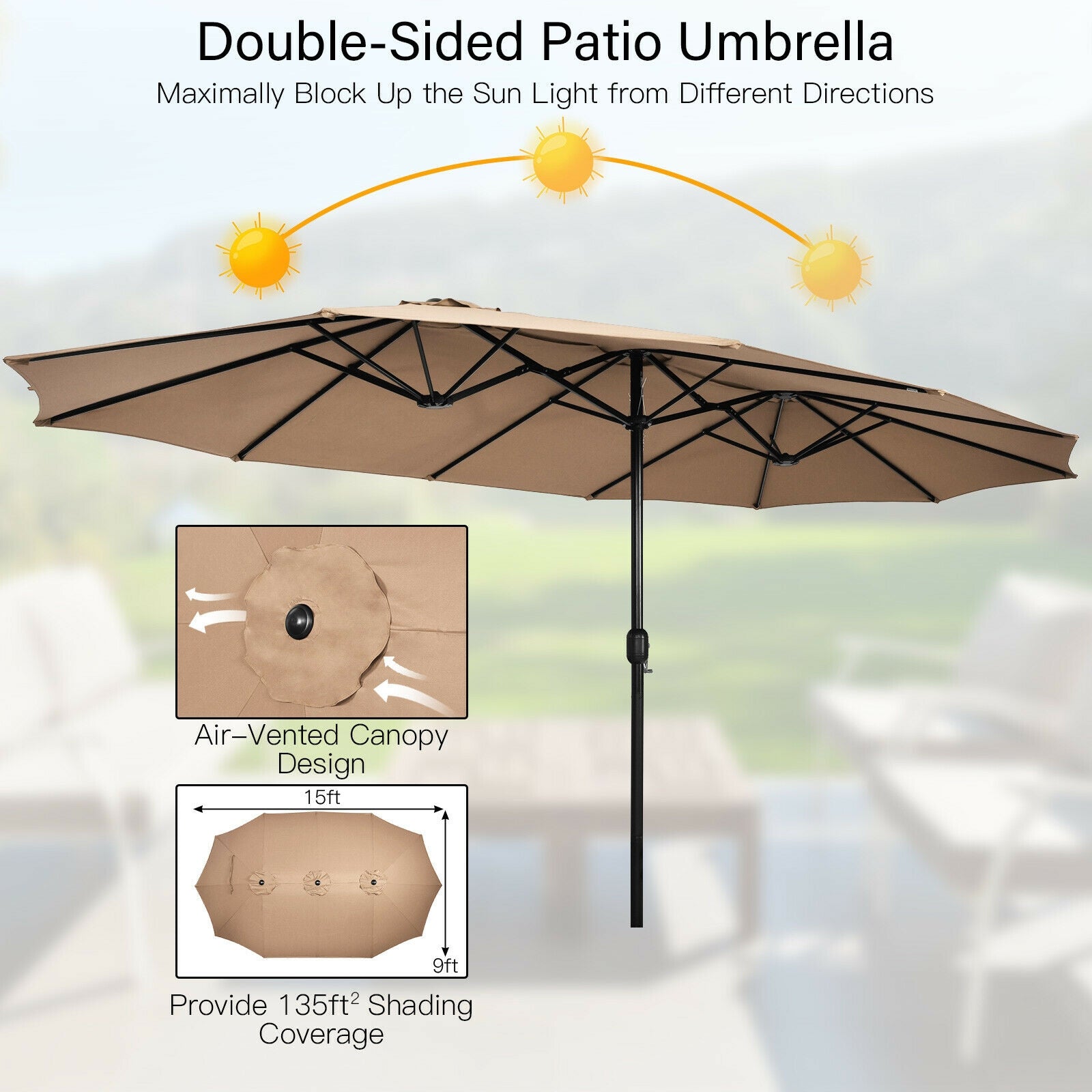 15 Feet Double-Sided Twin Patio Umbrella with Crank and Base Coffee in Outdoor Market-Coffee