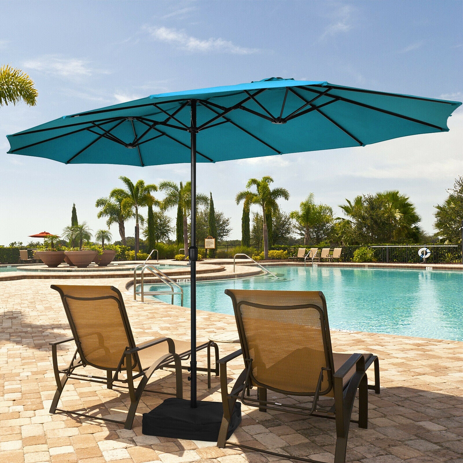 15 Feet Double-Sided Twin Patio Umbrella with Crank and Base Coffee in Outdoor Market-Turquoise