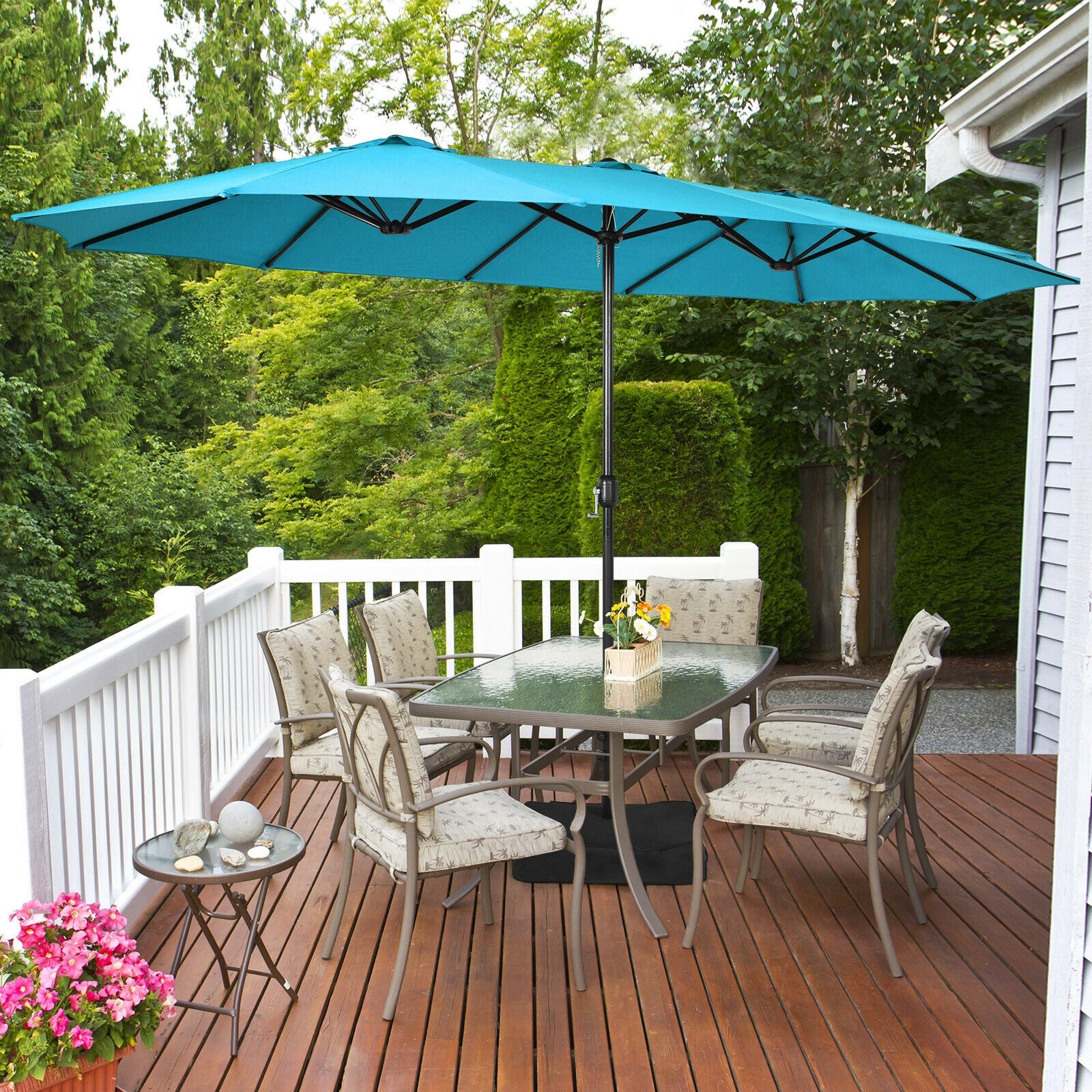 15 Feet Double-Sided Twin Patio Umbrella with Crank and Base Coffee in Outdoor Market-Turquoise 