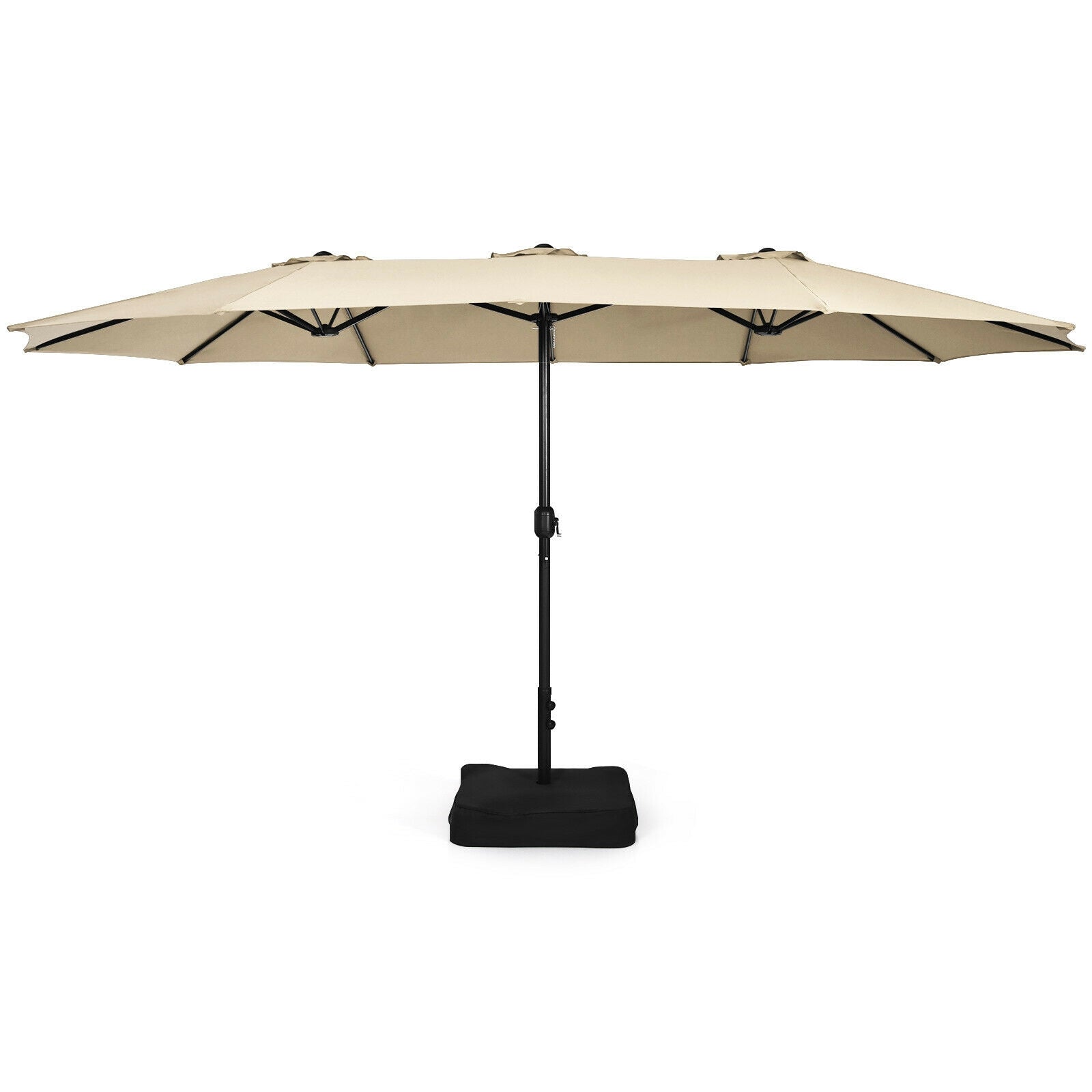 15 Feet Double-Sided Twin Patio Umbrella with Crank and Base Coffee in Outdoor Market-Beige