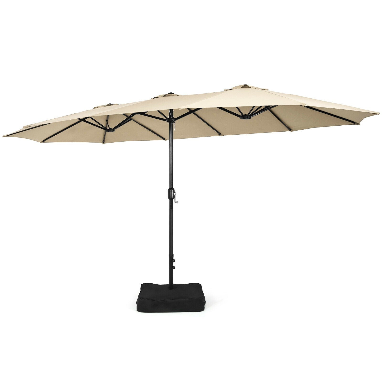 15 Feet Double-Sided Twin Patio Umbrella with Crank and Base Coffee in Outdoor Market-Beige