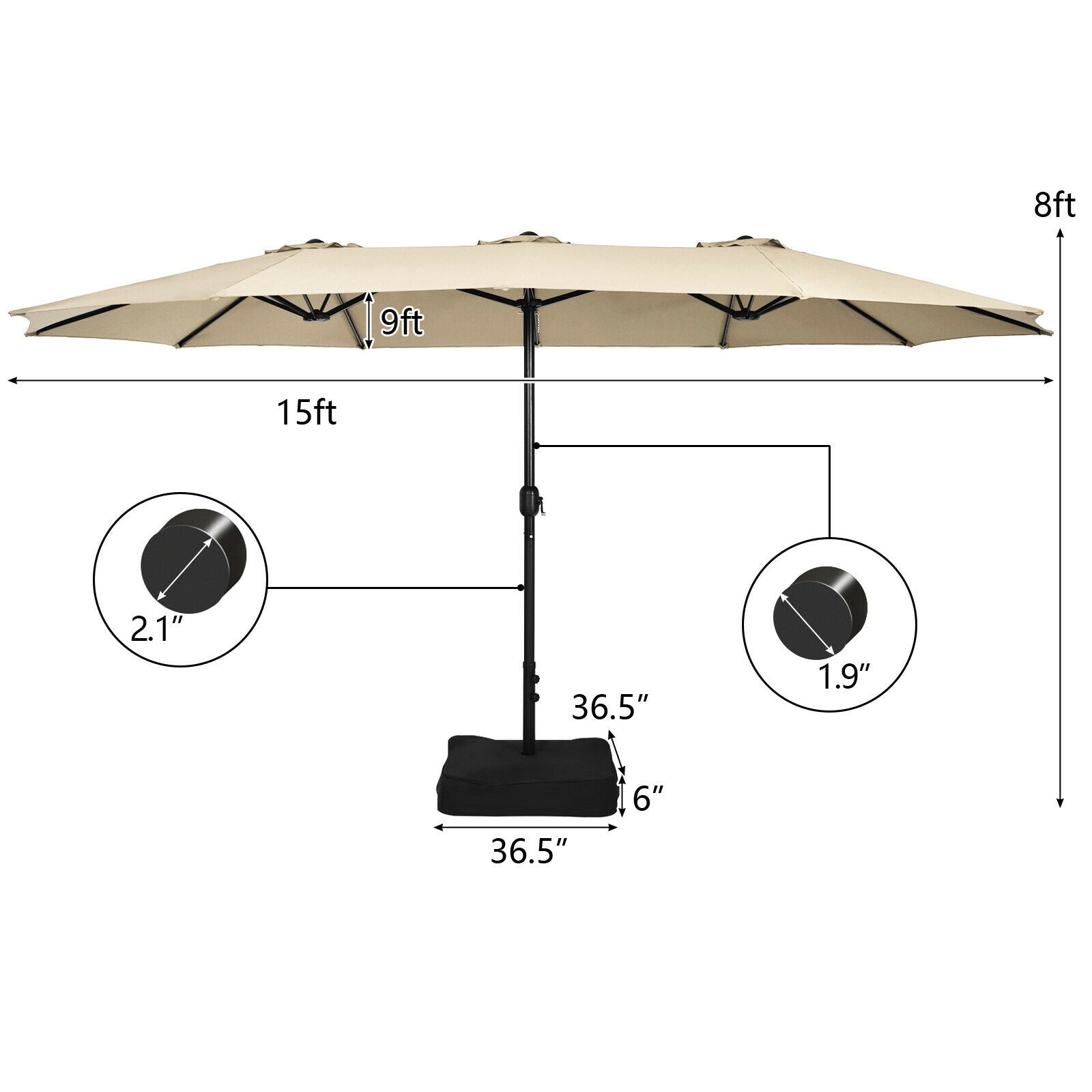 15 Feet Double-Sided Twin Patio Umbrella with Crank and Base Coffee in Outdoor Market-Beige